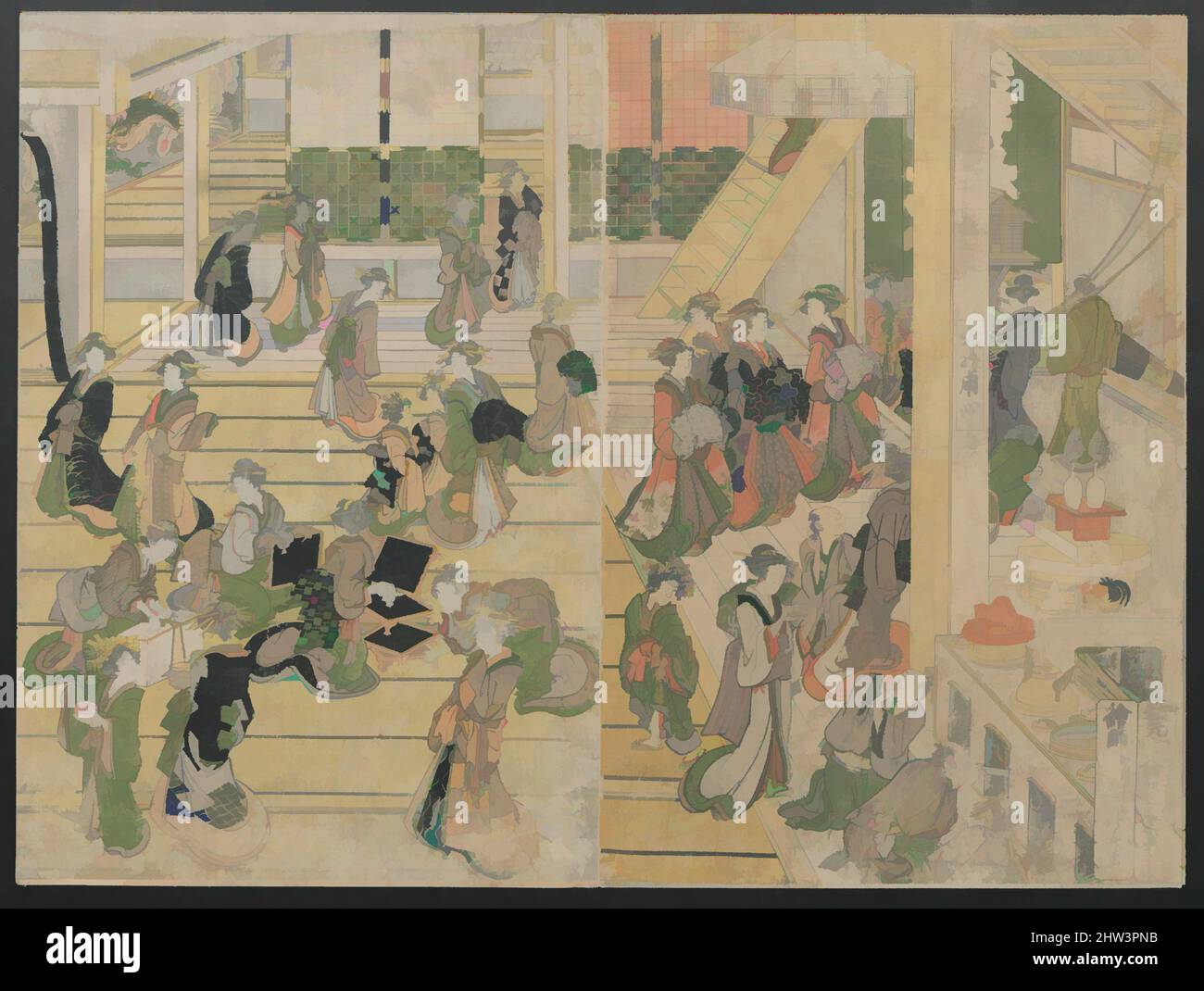 Art inspired by New Year's Day at the Ogiya Seiro, Edo period (1615–1868), ca. 1804, Japan, Pentaptych of polychrome woodblock prints, 14 1/2 x 48 1/2 in. (36.8 x 123.2 cm), Illustrated Books, Katsushika Hokusai (Japanese, Tokyo (Edo) 1760–1849 Tokyo (Edo, Classic works modernized by Artotop with a splash of modernity. Shapes, color and value, eye-catching visual impact on art. Emotions through freedom of artworks in a contemporary way. A timeless message pursuing a wildly creative new direction. Artists turning to the digital medium and creating the Artotop NFT Stock Photo