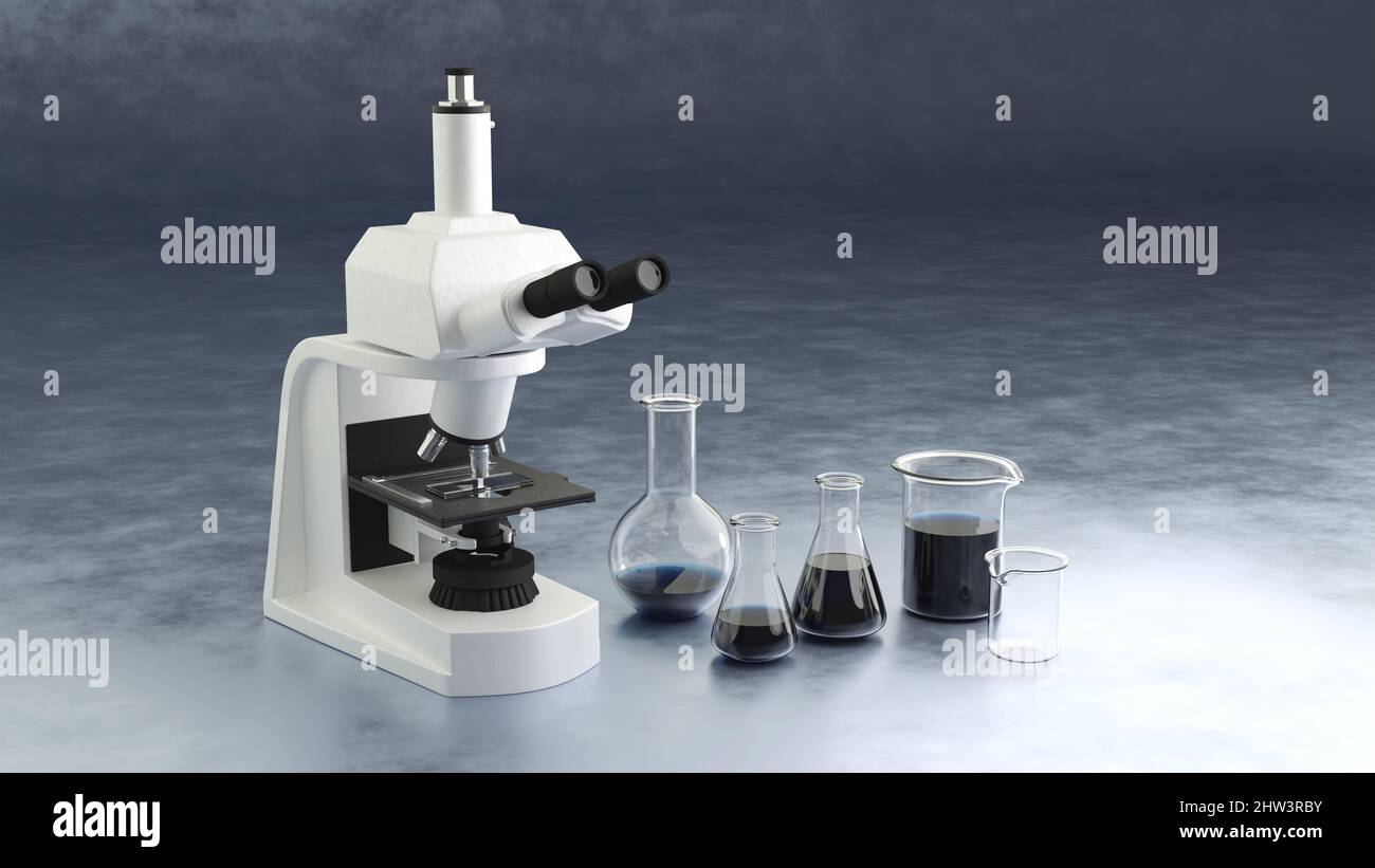 Illustration of a microscope and liquid chemical elements on the laboratory table Stock Photo