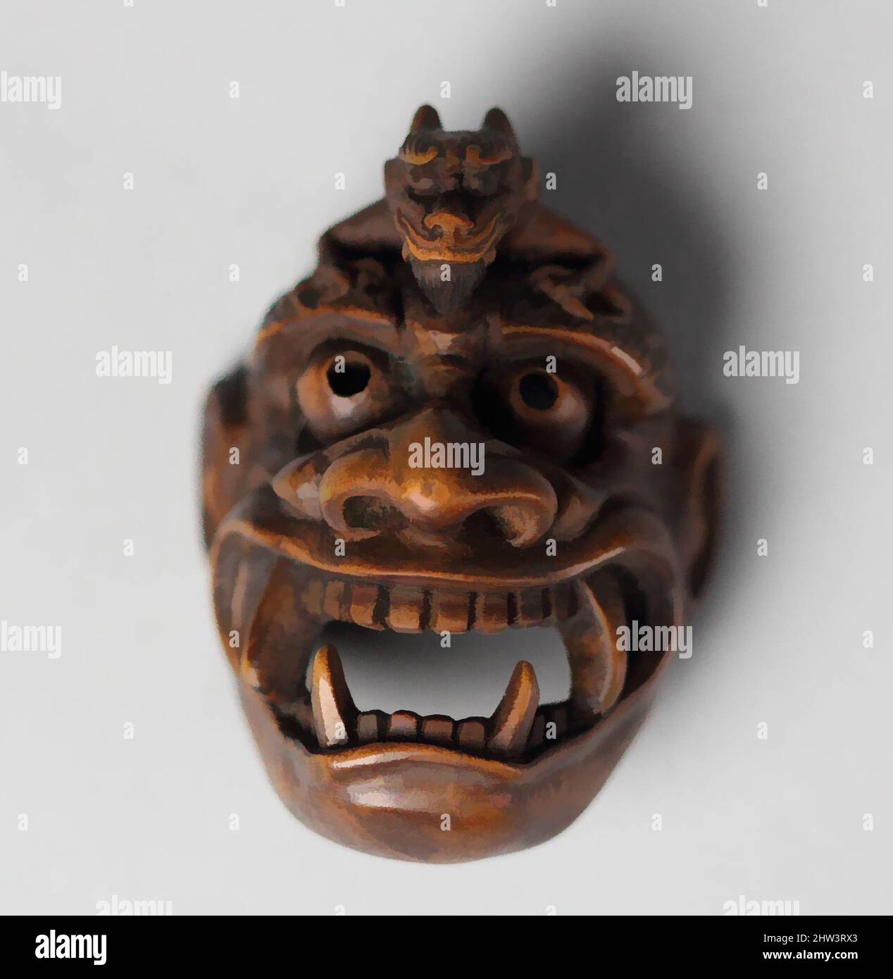 Art inspired by Netsuke of Demon Mask Derived from Bugaku, 19th century, Japan, Wood, H. 2 in. (5.1 cm); W. 1 3/8 in. (3.5 cm); D. 1 in. (2.5 cm), Netsuke, Classic works modernized by Artotop with a splash of modernity. Shapes, color and value, eye-catching visual impact on art. Emotions through freedom of artworks in a contemporary way. A timeless message pursuing a wildly creative new direction. Artists turning to the digital medium and creating the Artotop NFT Stock Photo