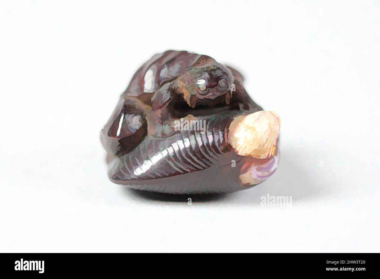 Art inspired by Netsuke of Frog-like Tortoise on a Shell, 18th century, Japan, Wood, H. 1 in. (2.5 cm); W. 1 1/2 in. (3.8 cm); D. 1 3/8 in. (3.5 cm), Netsuke, Classic works modernized by Artotop with a splash of modernity. Shapes, color and value, eye-catching visual impact on art. Emotions through freedom of artworks in a contemporary way. A timeless message pursuing a wildly creative new direction. Artists turning to the digital medium and creating the Artotop NFT Stock Photo