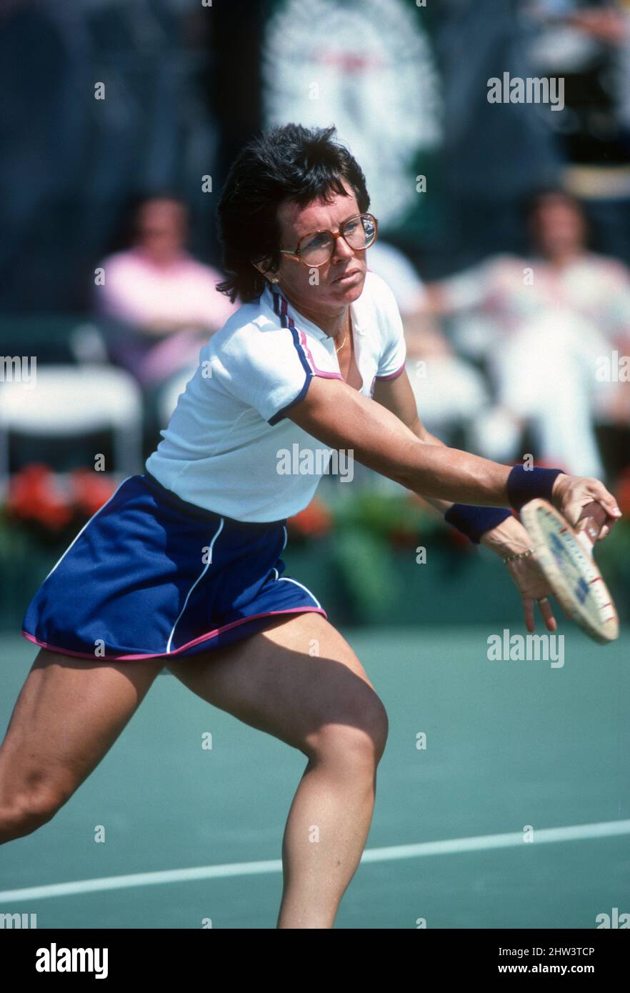 Billie Jean King hitting a forehand approach shot during match at Louis Armstrong Stadium in Flushing Meadows at the 1979 U.S. Open. Stock Photo