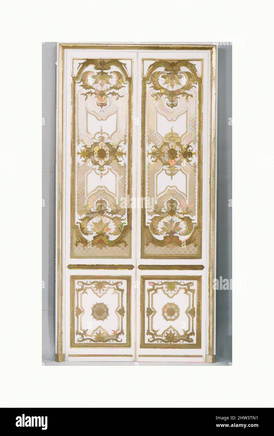 Art inspired by Double door: four panels, two pilasters, three gilt moldings for the door frame, ca. 1715, French, Carved, painted and gilded oak, a,b - doors with their trim i,j,k: 106-1/4 x 53-1/2 in. (269.9 x 135.9 cm), Woodwork, Classic works modernized by Artotop with a splash of modernity. Shapes, color and value, eye-catching visual impact on art. Emotions through freedom of artworks in a contemporary way. A timeless message pursuing a wildly creative new direction. Artists turning to the digital medium and creating the Artotop NFT Stock Photo