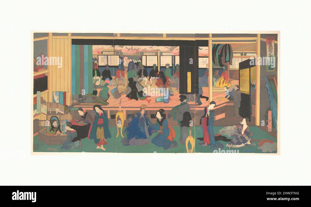 Art inspired by Yokohama Gankirō kodomo te odori no zu, Foreigners Enjoying Children's Kabuki at the Gankirō Tea House, Edo period (1615–1868), 1st month, 1861, Japan, Triptych of polychrome woodblock prints; ink and color on paper, Image (a): 14 3/8 x 9 7/8 in. (36.5 x 25.1 cm, Classic works modernized by Artotop with a splash of modernity. Shapes, color and value, eye-catching visual impact on art. Emotions through freedom of artworks in a contemporary way. A timeless message pursuing a wildly creative new direction. Artists turning to the digital medium and creating the Artotop NFT Stock Photo