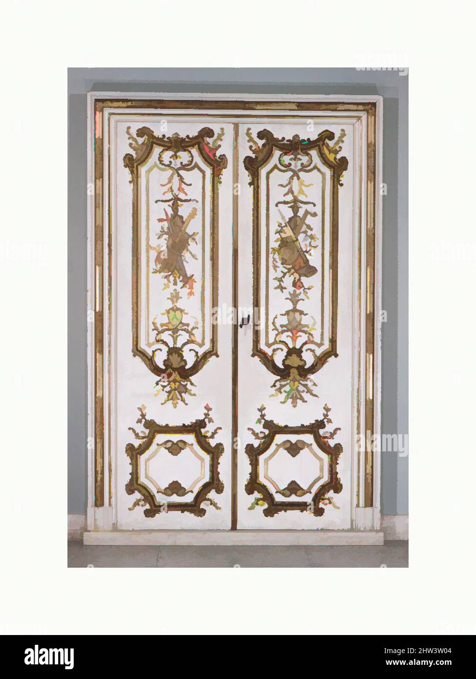 Art inspired by Four doors with trims and one set of entre-portes, Jean François Cuvilliés the Elder (German (born Belgian), Soignies 1695–1768 Munich), ca. 1730–35, Southern German, Munich, Wood, painted, carved and gilded, Overall (each): 95 × 29 in. (241.3 × 73.7 cm), Woodwork, Jean, Classic works modernized by Artotop with a splash of modernity. Shapes, color and value, eye-catching visual impact on art. Emotions through freedom of artworks in a contemporary way. A timeless message pursuing a wildly creative new direction. Artists turning to the digital medium and creating the Artotop NFT Stock Photo