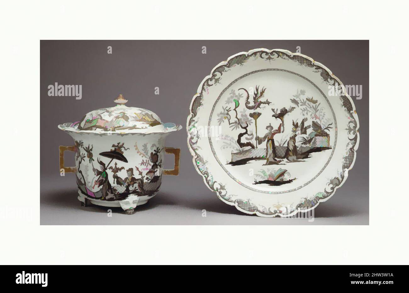 Art inspired by Ollio pot with cover and stand, ca. 1725, Austrian, Vienna, Hard-paste porcelain, Pot and cover (.2a, b): H: 6 1/4 in. (15.9 cm.); H. to rim 4 1/2 in. (11.4 cm.); Diam. pot 6 3/4 in. (17.1 cm.); Stand (.2c): Diam. 8 3/4 in. (22.2 cm.), Ceramics-Porcelain, After a design, Classic works modernized by Artotop with a splash of modernity. Shapes, color and value, eye-catching visual impact on art. Emotions through freedom of artworks in a contemporary way. A timeless message pursuing a wildly creative new direction. Artists turning to the digital medium and creating the Artotop NFT Stock Photo