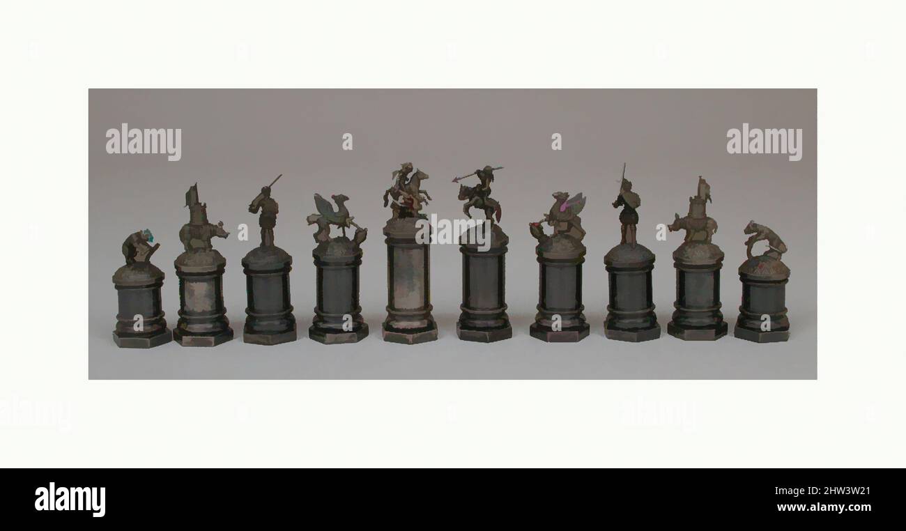 Art inspired by Chessmen (32) and box, probably first half 19th century, German, Silver, polished and oxidized, Oxidized Silver: Queen 3 5/16', King 3 1/4', Bishop 2 3/4', Knight 3 1/8', Rook 3', Pawn 2 1/8', Chess Sets, Classic works modernized by Artotop with a splash of modernity. Shapes, color and value, eye-catching visual impact on art. Emotions through freedom of artworks in a contemporary way. A timeless message pursuing a wildly creative new direction. Artists turning to the digital medium and creating the Artotop NFT Stock Photo