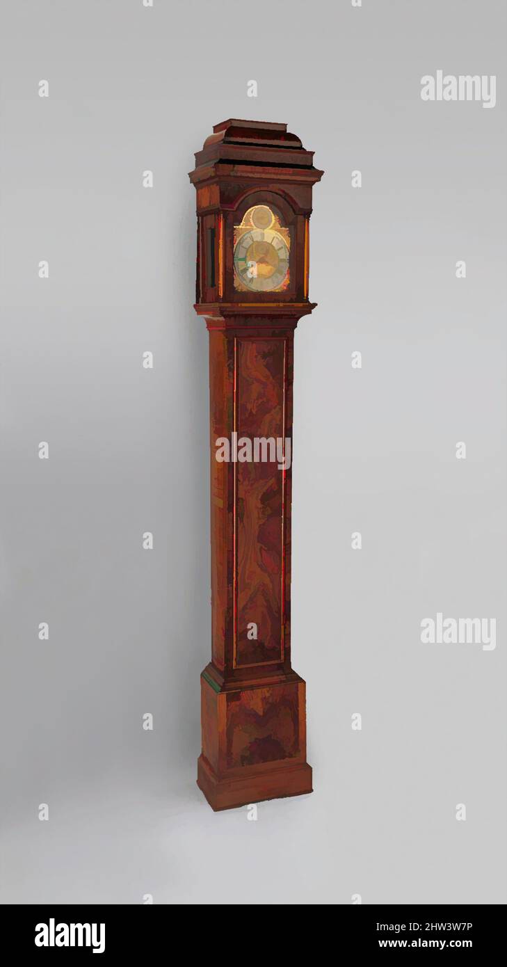 Art inspired by Miniature longcase clock with calendar, Clockmaker: Daniel Quare (British, 1647/49–1724), Clockmaker: Stephen Horseman (British, died 1740), ca. 1720–25, British, London, Case: walnut and oak veneered with walnut and figured walnut; Dial: gilded and silvered brass, Classic works modernized by Artotop with a splash of modernity. Shapes, color and value, eye-catching visual impact on art. Emotions through freedom of artworks in a contemporary way. A timeless message pursuing a wildly creative new direction. Artists turning to the digital medium and creating the Artotop NFT Stock Photo