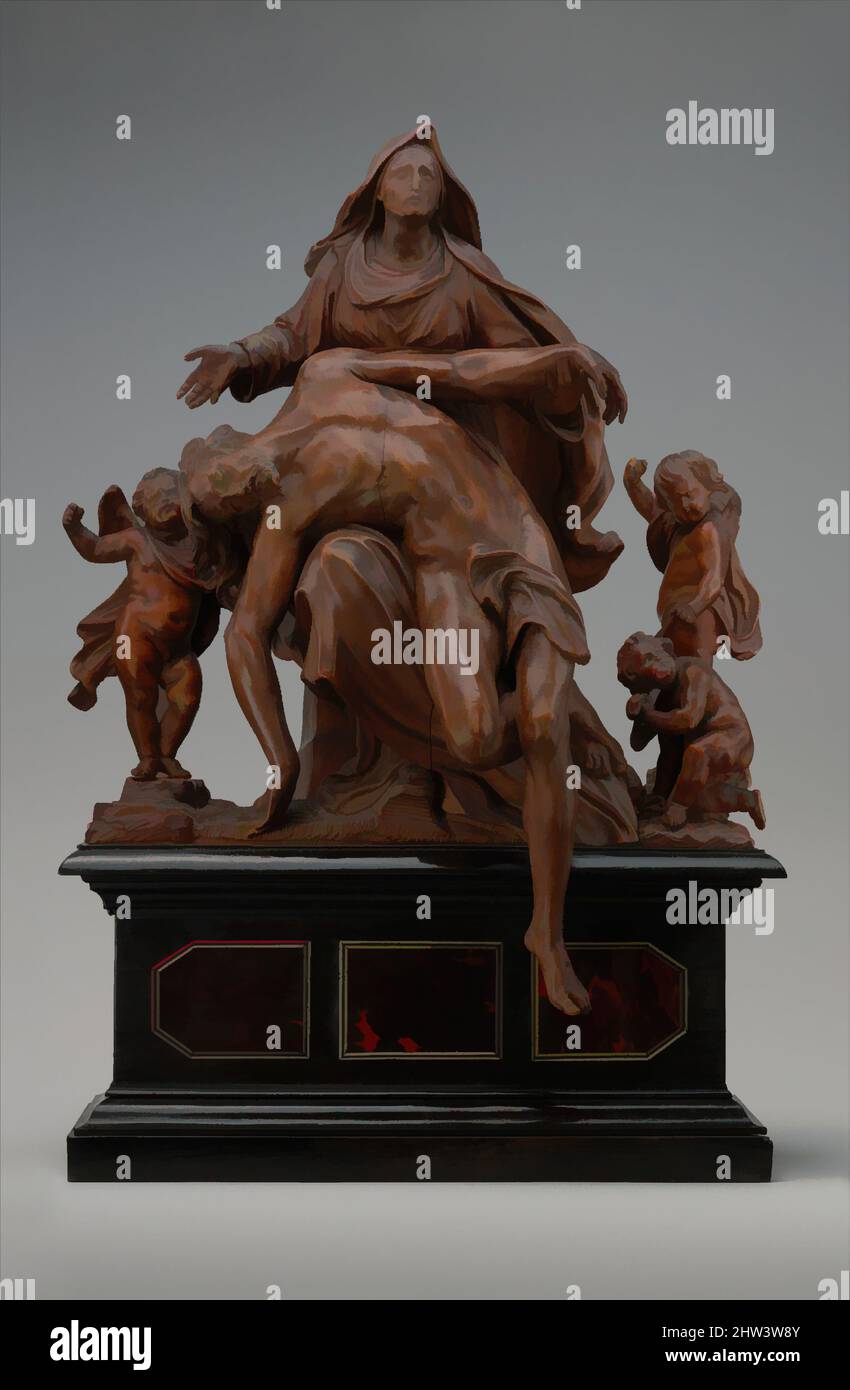 Art inspired by Pietà with Sorrowing Angels, 17th century, Flemish, Boxwood; base: wood, ebony, tortoiseshell and ivory or bone, With base, 18 x 12-1/2 x 6-1/2 in. (45.7 x 31.8 x 16.5 cm), Sculpture-Miniature, Workshop of Mattheus van Beveren (ca. 1630–1690), Van Beveren also worked in, Classic works modernized by Artotop with a splash of modernity. Shapes, color and value, eye-catching visual impact on art. Emotions through freedom of artworks in a contemporary way. A timeless message pursuing a wildly creative new direction. Artists turning to the digital medium and creating the Artotop NFT Stock Photo