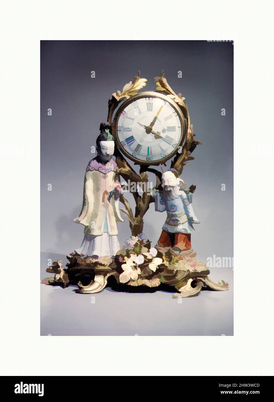 Art inspired by Mantel clock, Clockmaker: Étienne I Le Noir (French, 1675–1739), ca. 1745–49, French, Paris, Gilt bronze, porcelain, Overall: 17 3/16 × 14 3/4 × 8 in. (43.7 × 37.5 × 20.3 cm), Horology, Clockmaker: Étienne I Le Noir (French, 1675–1739, Classic works modernized by Artotop with a splash of modernity. Shapes, color and value, eye-catching visual impact on art. Emotions through freedom of artworks in a contemporary way. A timeless message pursuing a wildly creative new direction. Artists turning to the digital medium and creating the Artotop NFT Stock Photo