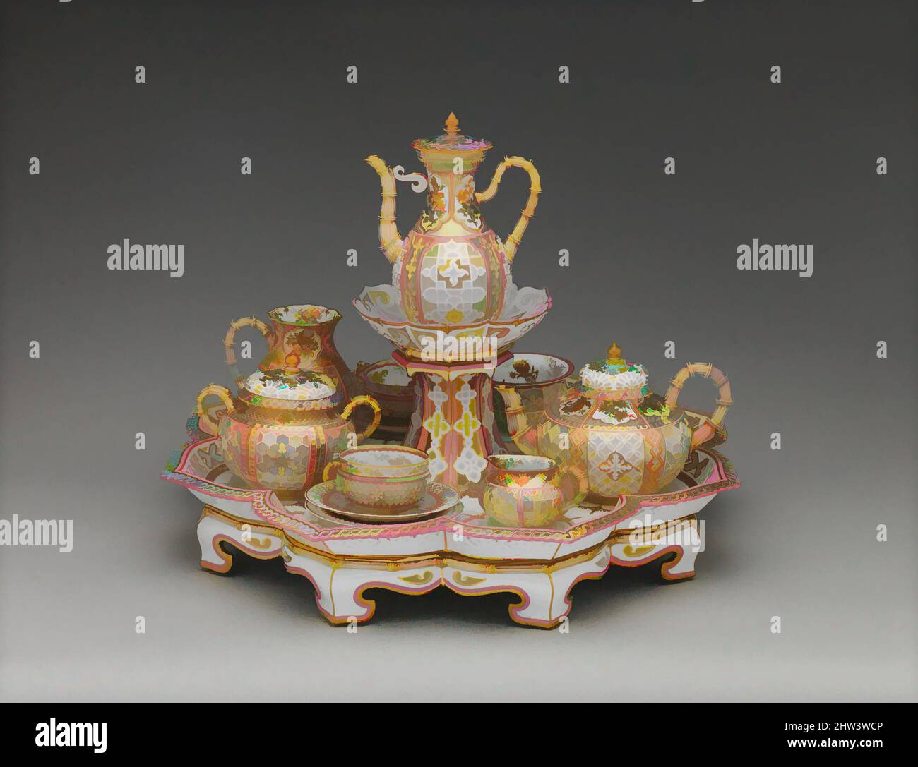 Art inspired by Coffee and tea service (déjeuner chinois réticulé), 1855–61, French, Sèvres, Hard-paste porcelain, Tray (.1): H. 8 3/8 in. (21.3 cm.); Gr. Diam. 19 5/8 in. (49.8 cm.); coffeepot with cover (.2ab): H. 7 1/2 in. (19.1 cm.); teapot with cover (.3ab): H. 4 15/16 in. (12.5, Classic works modernized by Artotop with a splash of modernity. Shapes, color and value, eye-catching visual impact on art. Emotions through freedom of artworks in a contemporary way. A timeless message pursuing a wildly creative new direction. Artists turning to the digital medium and creating the Artotop NFT Stock Photo