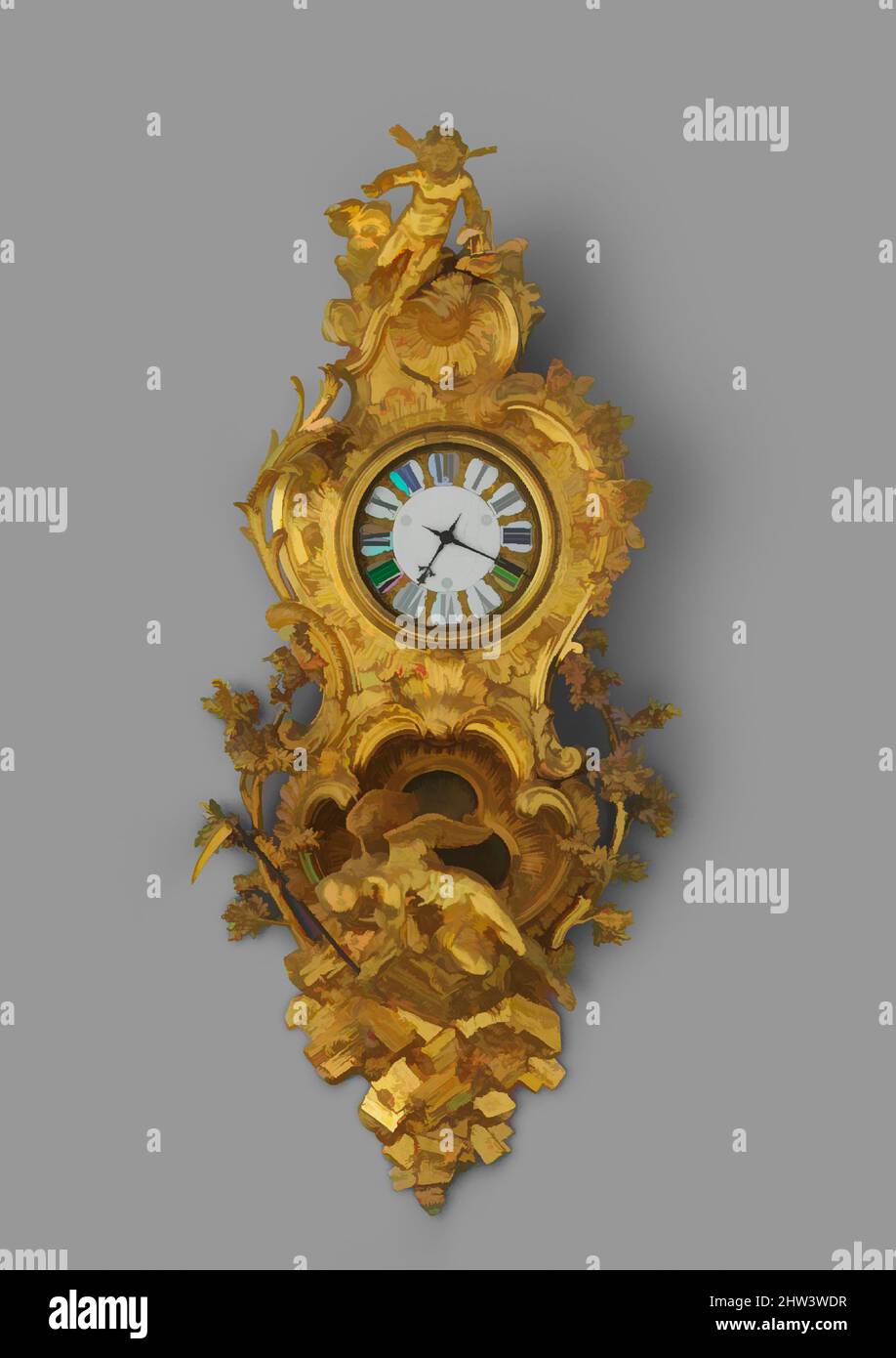 Art inspired by Wall clock (pendule en cartel), Clock maker: Jean Godde l'aîné (French, ca. 1668–1748/49), Case maker: Charles Cressent (French, Amiens 1685–1768 Paris), ca. 1740–45, French, Paris, Case: gilded bronze, oak, and tortoiseshell on brass marquetry on oak; Dial: white, Classic works modernized by Artotop with a splash of modernity. Shapes, color and value, eye-catching visual impact on art. Emotions through freedom of artworks in a contemporary way. A timeless message pursuing a wildly creative new direction. Artists turning to the digital medium and creating the Artotop NFT Stock Photo