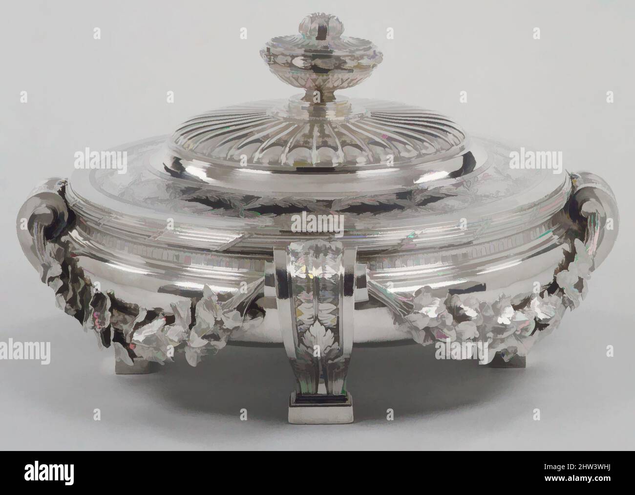 Art inspired by Dish with cover and liner, Jacques-Nicolas Roettiers (1736–1788, master 1765, retired 1777), 1775–76, French, Paris, Silver, H. with cover 7-5/16 in. (18.6 cm.); Gr. W. 12-1/2 in. (31.8 cm.); Diam. of liner 10 in. (25.4 cm.), Metalwork-Silver, Jacques-Nicolas Roettiers, Classic works modernized by Artotop with a splash of modernity. Shapes, color and value, eye-catching visual impact on art. Emotions through freedom of artworks in a contemporary way. A timeless message pursuing a wildly creative new direction. Artists turning to the digital medium and creating the Artotop NFT Stock Photo