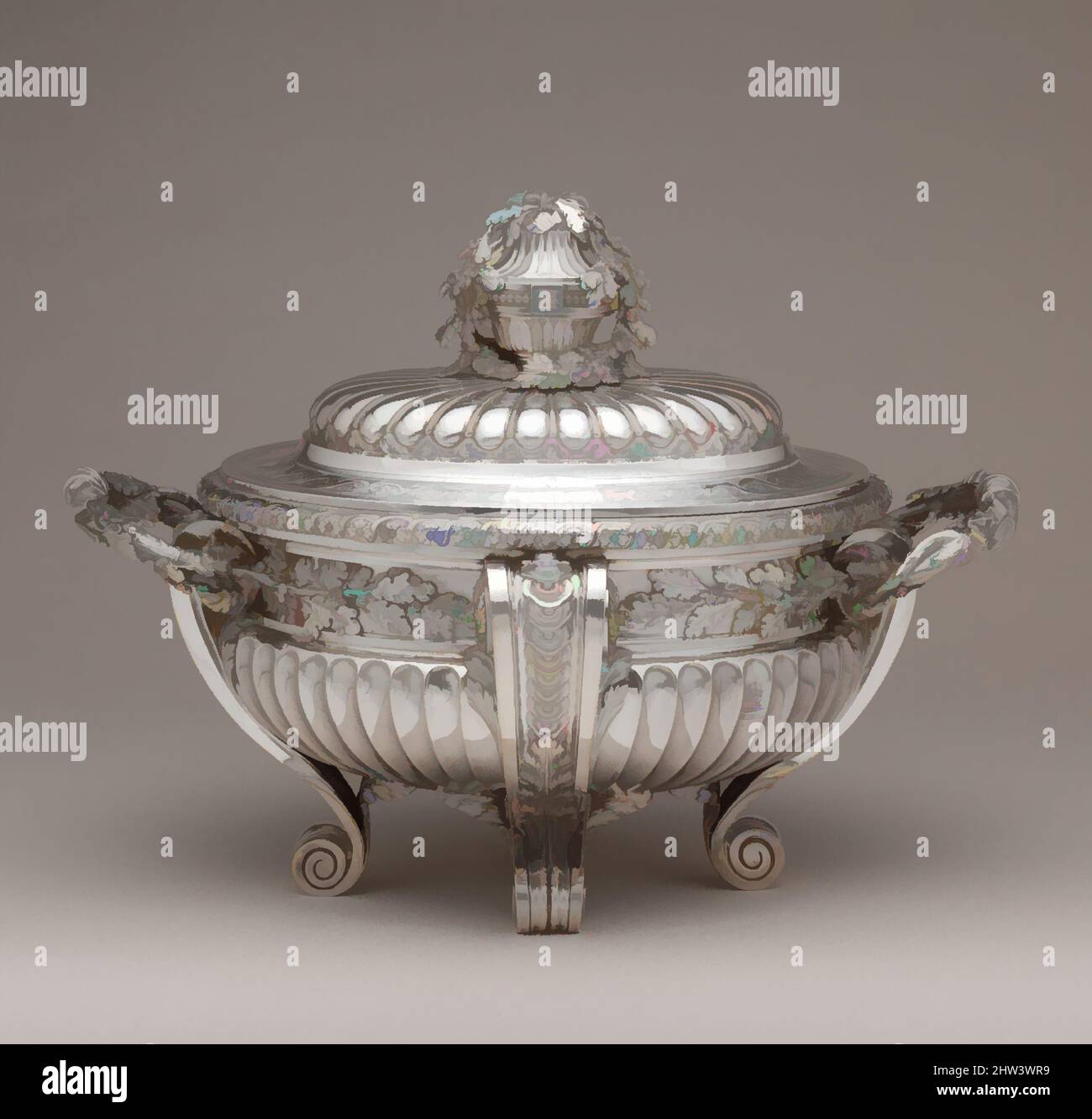 Art inspired by Tureen with cover, Jacques-Nicolas Roettiers (1736–1788, master 1765, retired 1777), 1775–76, French, Paris, Silver, Overall (wt. confirmed): 11 3/4 x 16 in., 16.8 lb. (29.8 x 40.6 cm, 7.64 kg), Metalwork-Silver, Jacques-Nicolas Roettiers (1736–1788, master 1765, Classic works modernized by Artotop with a splash of modernity. Shapes, color and value, eye-catching visual impact on art. Emotions through freedom of artworks in a contemporary way. A timeless message pursuing a wildly creative new direction. Artists turning to the digital medium and creating the Artotop NFT Stock Photo