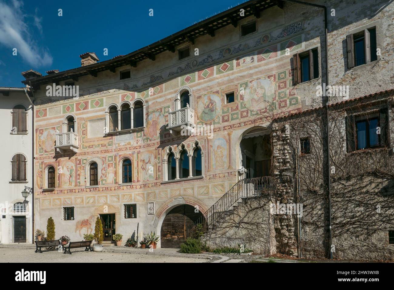 Spilimbergo, Italy (26th February 2022) - The s.c. Palazzo dipinto (Painted palace), a decorated building belonging to the medieval castle Stock Photo