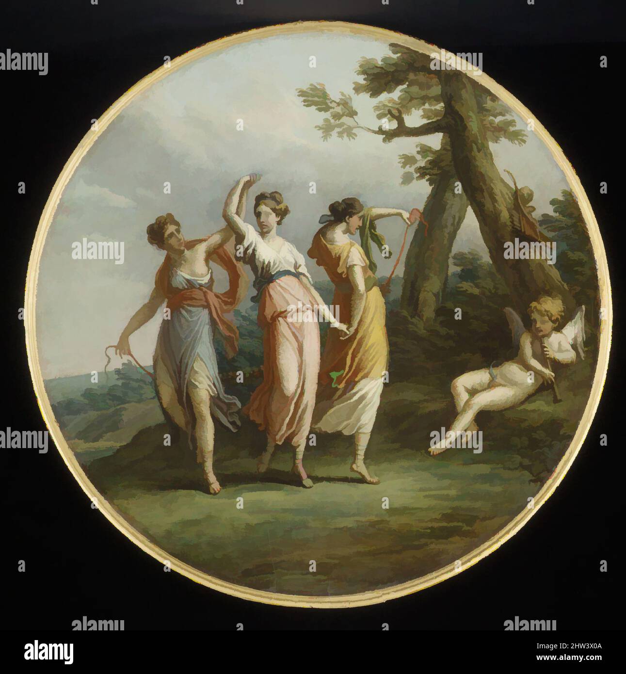 Art inspired by Three dancing nymphs and a reclining cupid in a landscape, ca. 1772, British, Oil on paper attached to a plaster ceiling roundel, Diam. (without plaster frame) 41-3/4 in. (106 cm), Paintings-Decorative, Attributed to Antonio Zucchi (Italian, Venice 1726–1796 Rome, Classic works modernized by Artotop with a splash of modernity. Shapes, color and value, eye-catching visual impact on art. Emotions through freedom of artworks in a contemporary way. A timeless message pursuing a wildly creative new direction. Artists turning to the digital medium and creating the Artotop NFT Stock Photo