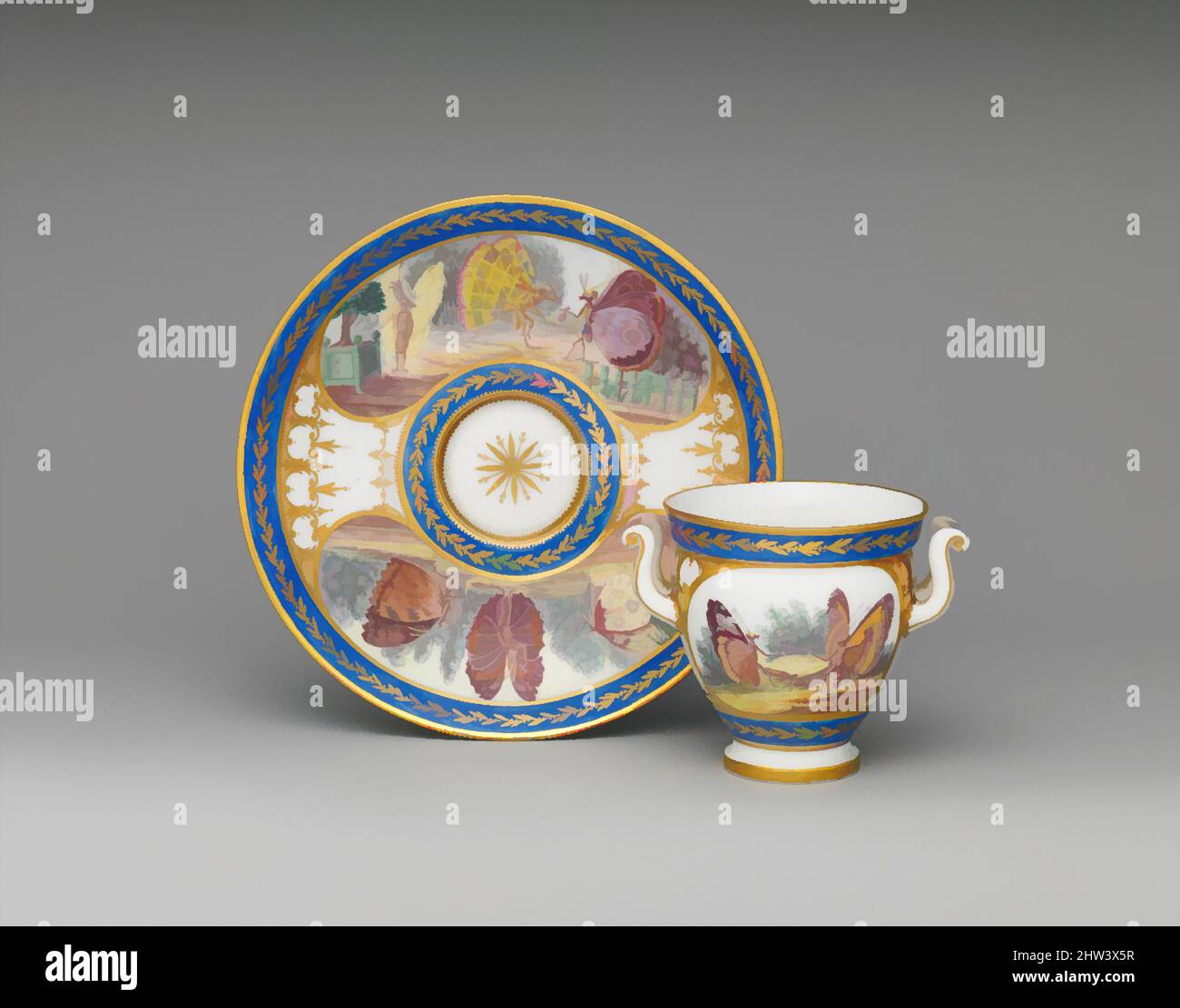 Art inspired by Cup (tasse à l'étrusque) and saucer, 1794, French, Sèvres, Soft-paste porcelain, Height (cup .1): 3 3/16 in. (8.1 cm); Diameter (saucer .2): 6 5/8 in. (16.8 cm), Ceramics-Porcelain, After etchings by Charles Germain de Saint-Aubin (French, Paris 1721–1786 Paris), The, Classic works modernized by Artotop with a splash of modernity. Shapes, color and value, eye-catching visual impact on art. Emotions through freedom of artworks in a contemporary way. A timeless message pursuing a wildly creative new direction. Artists turning to the digital medium and creating the Artotop NFT Stock Photo