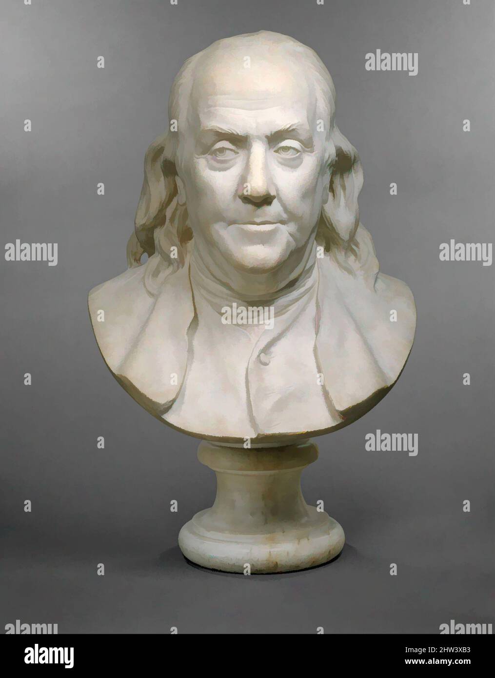 Art inspired by Benjamin Franklin (1706–1790), 1778, French, Marble, Overall (weight confirmed): 23 1/8 × 14 1/2 × 11 1/4 in., 87 lb. (58.7 × 36.8 × 28.6 cm, 39.5 kg), Sculpture, Jean Antoine Houdon (French, Versailles 1741–1828 Paris), Houdon's bust of Franklin was the first of his, Classic works modernized by Artotop with a splash of modernity. Shapes, color and value, eye-catching visual impact on art. Emotions through freedom of artworks in a contemporary way. A timeless message pursuing a wildly creative new direction. Artists turning to the digital medium and creating the Artotop NFT Stock Photo
