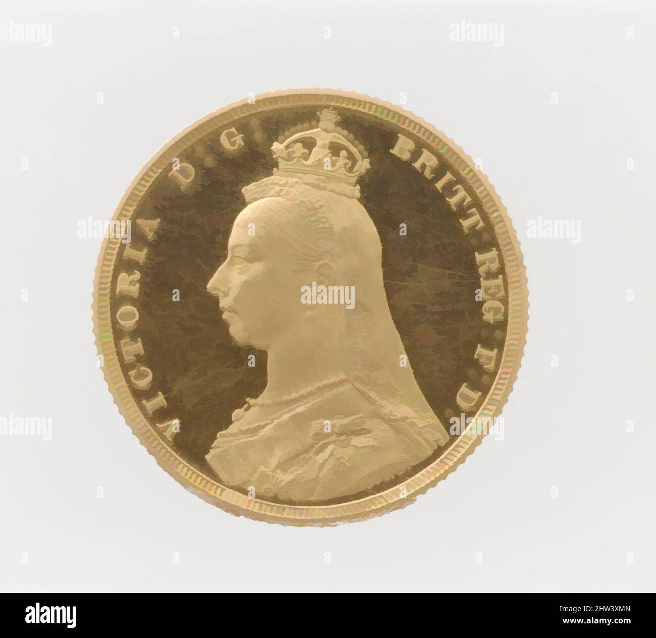 Art inspired by Queen Victoria 'Jubilee Head' proof sovereign, Joseph Edgar Boehm (British (born Austria), Vienna 1834–1890 London), 1887, British, Gold, Diam. 21 mm., Coins, Joseph Edgar Boehm (British (born Austria), Vienna 1834–1890 London, Classic works modernized by Artotop with a splash of modernity. Shapes, color and value, eye-catching visual impact on art. Emotions through freedom of artworks in a contemporary way. A timeless message pursuing a wildly creative new direction. Artists turning to the digital medium and creating the Artotop NFT Stock Photo