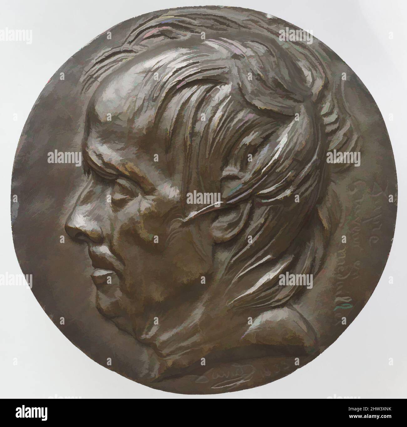 Art inspired by Augustin Dupré (1748–1833), modeled 1833, cast 1838–44, French, Bronze, Diameter: 5 7/8 in. (14.9 cm), Medals and Plaquettes, Medalist: Pierre Jean David d'Angers (French, Angers 1788–1856 Paris), Augustin Dupré (1748–1833), portrayed the year of his death, was an, Classic works modernized by Artotop with a splash of modernity. Shapes, color and value, eye-catching visual impact on art. Emotions through freedom of artworks in a contemporary way. A timeless message pursuing a wildly creative new direction. Artists turning to the digital medium and creating the Artotop NFT Stock Photo