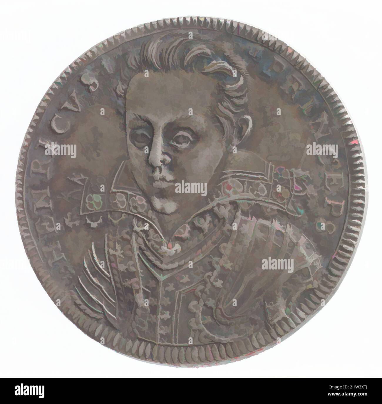 Art inspired by Death of Henry, Prince of Wales, 1612, British, Silver, Diameter: 1 1/8 in. (2.9 cm), Medals and Plaquettes, Medalist: Charles Anthony, Classic works modernized by Artotop with a splash of modernity. Shapes, color and value, eye-catching visual impact on art. Emotions through freedom of artworks in a contemporary way. A timeless message pursuing a wildly creative new direction. Artists turning to the digital medium and creating the Artotop NFT Stock Photo