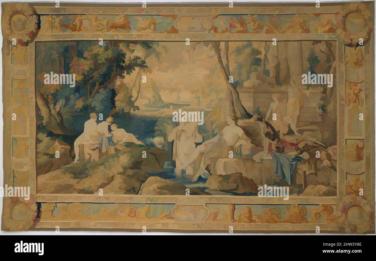 Art inspired by Diana and her Nymphs, Weaving workshop directed by Hippolyte de Comans (Faubourg Saint-Marcel, Paris, active 1651–65), before 1662, French, Paris, Wool, silk, silver-gilt thread (22-23 warps per inch, 8-9 per cm.), 136 1/2 x 216 1/2 in. (346.7 x 549.9 cm), Textiles-, Classic works modernized by Artotop with a splash of modernity. Shapes, color and value, eye-catching visual impact on art. Emotions through freedom of artworks in a contemporary way. A timeless message pursuing a wildly creative new direction. Artists turning to the digital medium and creating the Artotop NFT Stock Photo