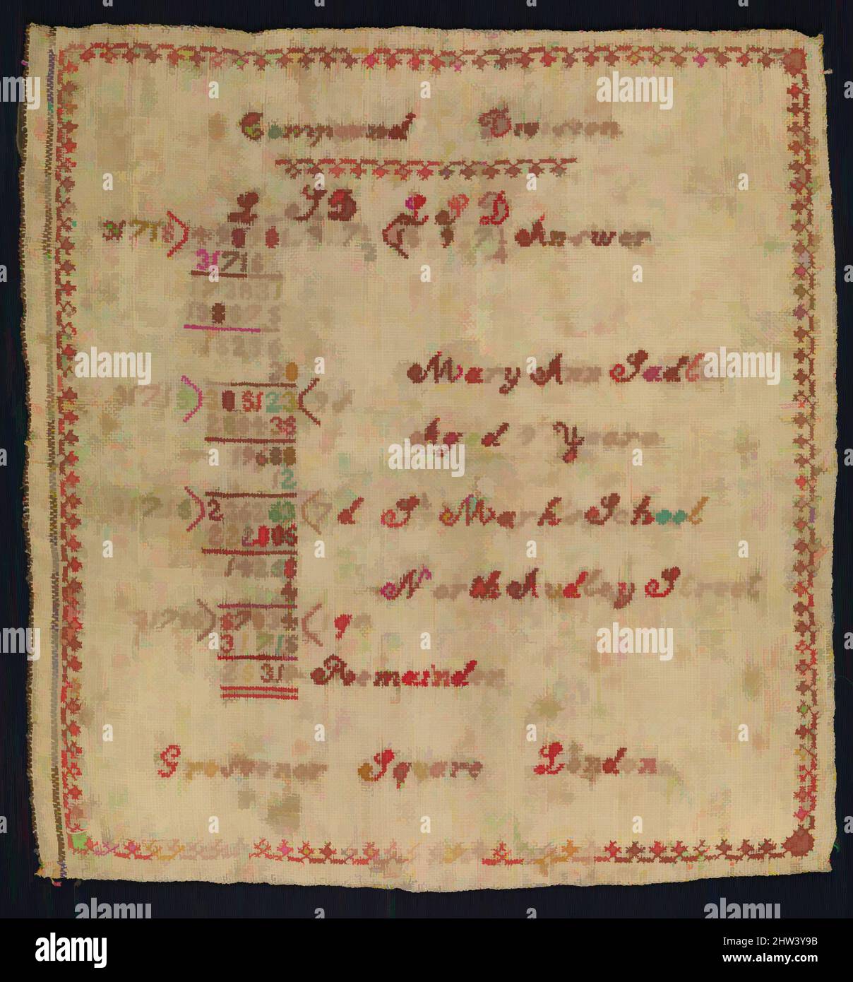 Art inspired by Sampler with compound division equation, mid-19th century, British, London, Silk embroidery on wool, H. 6 3/8 x W. 6 3/4 inches (16.2 x 17.1 cm), Textiles-Embroidered, We may never know what inspired nine-year-old Mary Ann Sadler to convert her mathematics equation into, Classic works modernized by Artotop with a splash of modernity. Shapes, color and value, eye-catching visual impact on art. Emotions through freedom of artworks in a contemporary way. A timeless message pursuing a wildly creative new direction. Artists turning to the digital medium and creating the Artotop NFT Stock Photo