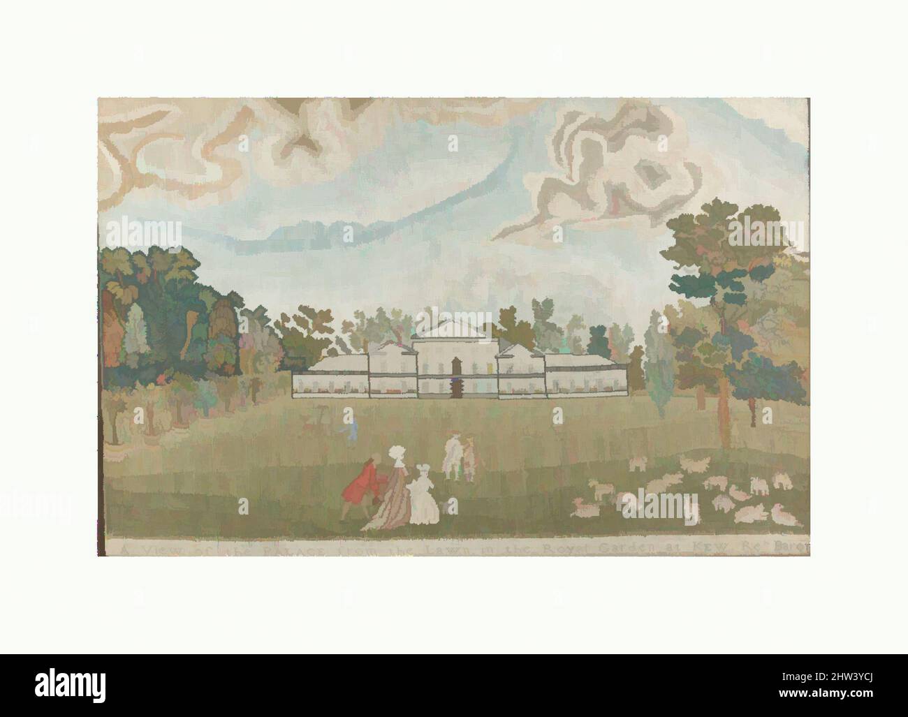 Art inspired by A View of the Palace from the Lawn in the Royal Garden at Kew, third quarter 18th century, British, Silk, wool on canvas, H. 11 3/4 x W. 17 1/2 inches (29.8 x 44.5 cm); Framed: H. 14 1/8 x W. 20 1/16 x D. 1 1 4 inches (36.8 x 50.8 cm x 3.2 cm), Textiles-Embroidered, Classic works modernized by Artotop with a splash of modernity. Shapes, color and value, eye-catching visual impact on art. Emotions through freedom of artworks in a contemporary way. A timeless message pursuing a wildly creative new direction. Artists turning to the digital medium and creating the Artotop NFT Stock Photo