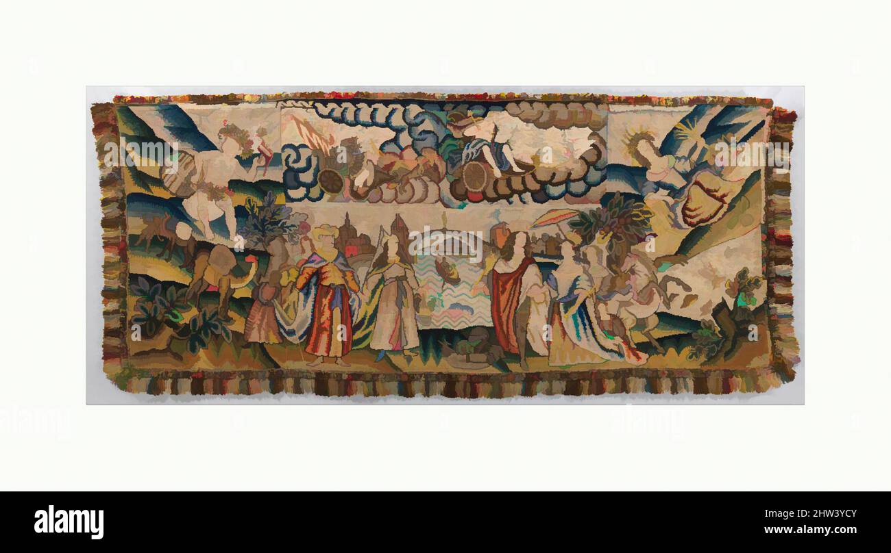 Art inspired by Panel from a table carpet showing the Four Continents, the Seasons, and Four Planets, between 1662 and 1680, British, Linen and silk satin, embroidered with silk and wool, passementerie of silk thread, silk-wrapped parchment, and metal, confirmed, without passementerie, Classic works modernized by Artotop with a splash of modernity. Shapes, color and value, eye-catching visual impact on art. Emotions through freedom of artworks in a contemporary way. A timeless message pursuing a wildly creative new direction. Artists turning to the digital medium and creating the Artotop NFT Stock Photo
