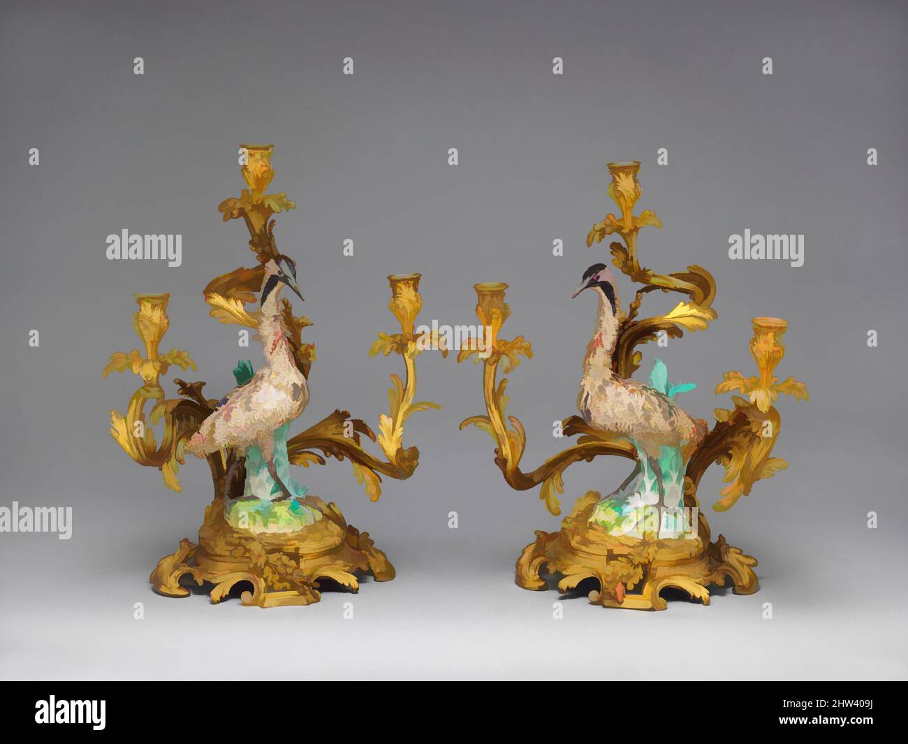 Art inspired by Three-light candelabra (candélabra or girandole) (one of a pair), ca. 1750, German, Meissen with French (Paris) mounts, Hard-paste porcelain; gilt-bronze mounts, Height (overall): 22 in. (55.9 cm), Ceramics-Porcelain, Trained as a sculptor, Johann Joachim Kändler joined, Classic works modernized by Artotop with a splash of modernity. Shapes, color and value, eye-catching visual impact on art. Emotions through freedom of artworks in a contemporary way. A timeless message pursuing a wildly creative new direction. Artists turning to the digital medium and creating the Artotop NFT Stock Photo