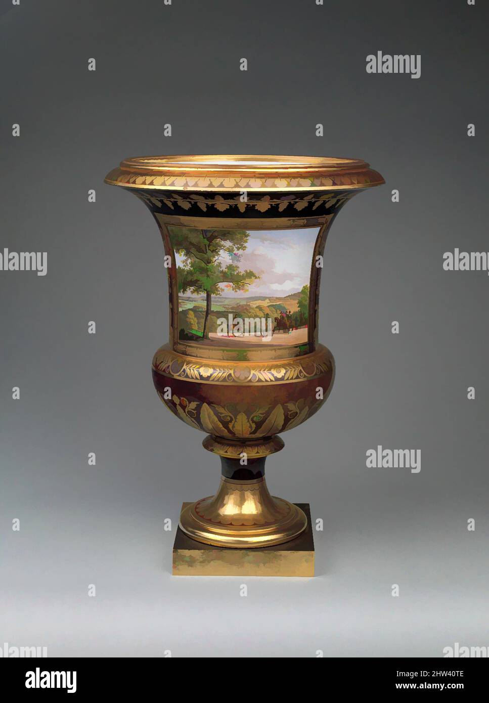 Art inspired by Medici vase with a scene of the park at Saint-Cloud (one of a pair), 1811, French, Sèvres, Hard-paste porcelain, gilt bronze, Overall (confirmed): 27 1/4 x 18 1/2 x 18 1/2 in. (69.2 x 47 x 47 cm), Ceramics-Porcelain, Jean François Robert (French, Chantilly 1778–1832, Classic works modernized by Artotop with a splash of modernity. Shapes, color and value, eye-catching visual impact on art. Emotions through freedom of artworks in a contemporary way. A timeless message pursuing a wildly creative new direction. Artists turning to the digital medium and creating the Artotop NFT Stock Photo