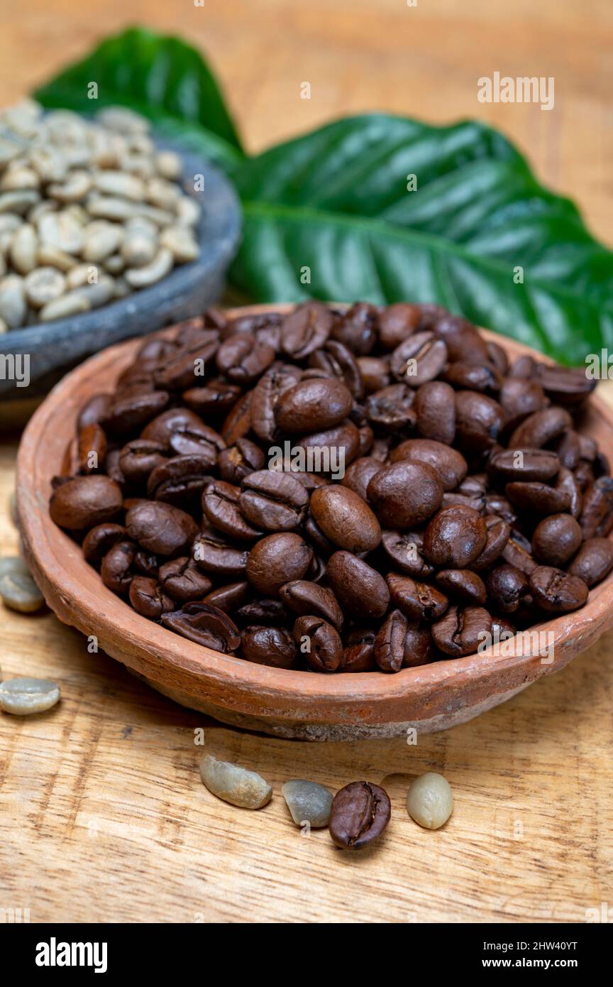 Green unroasted and brown roasted coffee beans from Africa coffee