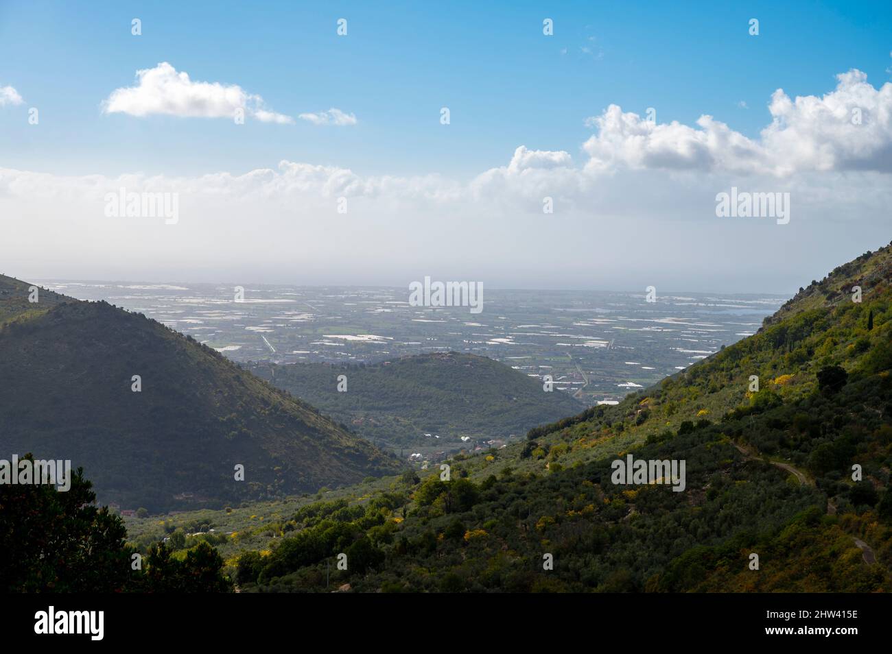 Aerial view on green Monti Aurunci national park with olive tree plantations near Fondi, Lazio, Italy in autumn Stock Photo