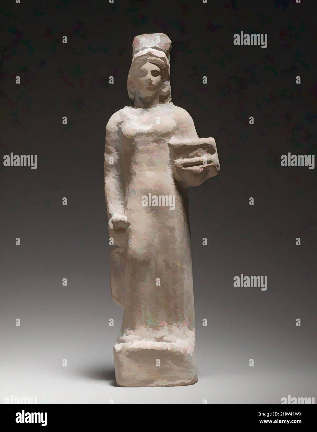 Art inspired by Terracotta figurine of a standing female votary holding a box, Cypro-Classical II, 4th century B.C., Cypriot, Terracotta; mold-made and hand-made, H. 8 3/4 in. (22.2 cm), Terracottas, The figurine is mold-made and solid. The back is handmade, partly flattened, and pared, Classic works modernized by Artotop with a splash of modernity. Shapes, color and value, eye-catching visual impact on art. Emotions through freedom of artworks in a contemporary way. A timeless message pursuing a wildly creative new direction. Artists turning to the digital medium and creating the Artotop NFT Stock Photo