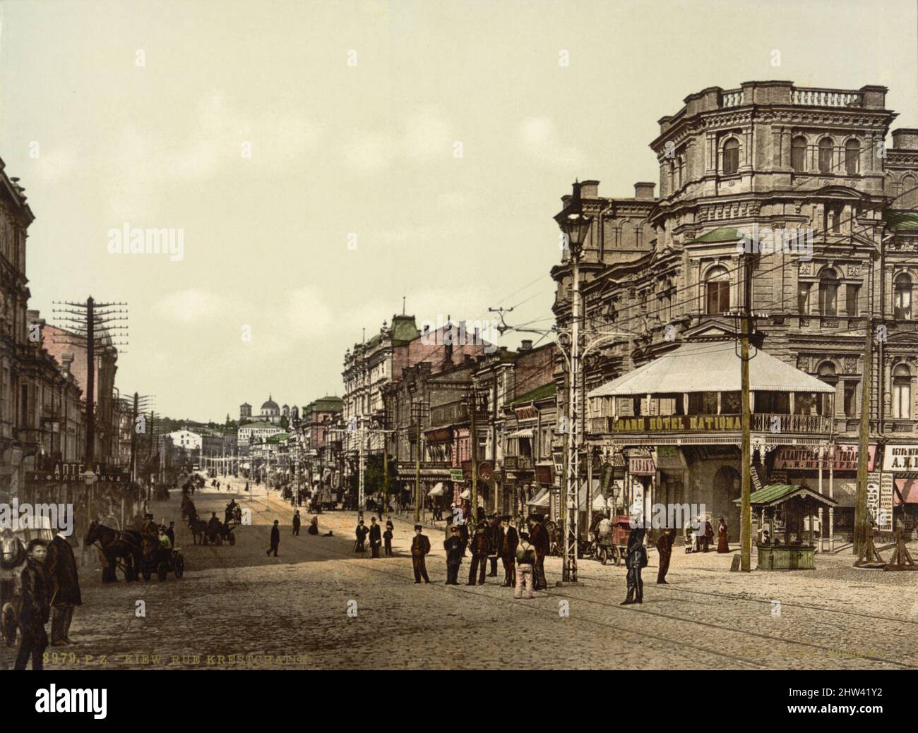 Vintage polychrom color print ca. 1890-1900 of Khreshchatyk Street (Krestchatik, Kreshchatik), the main street in Kiev (Kyiv), Ukraine Stock Photo
