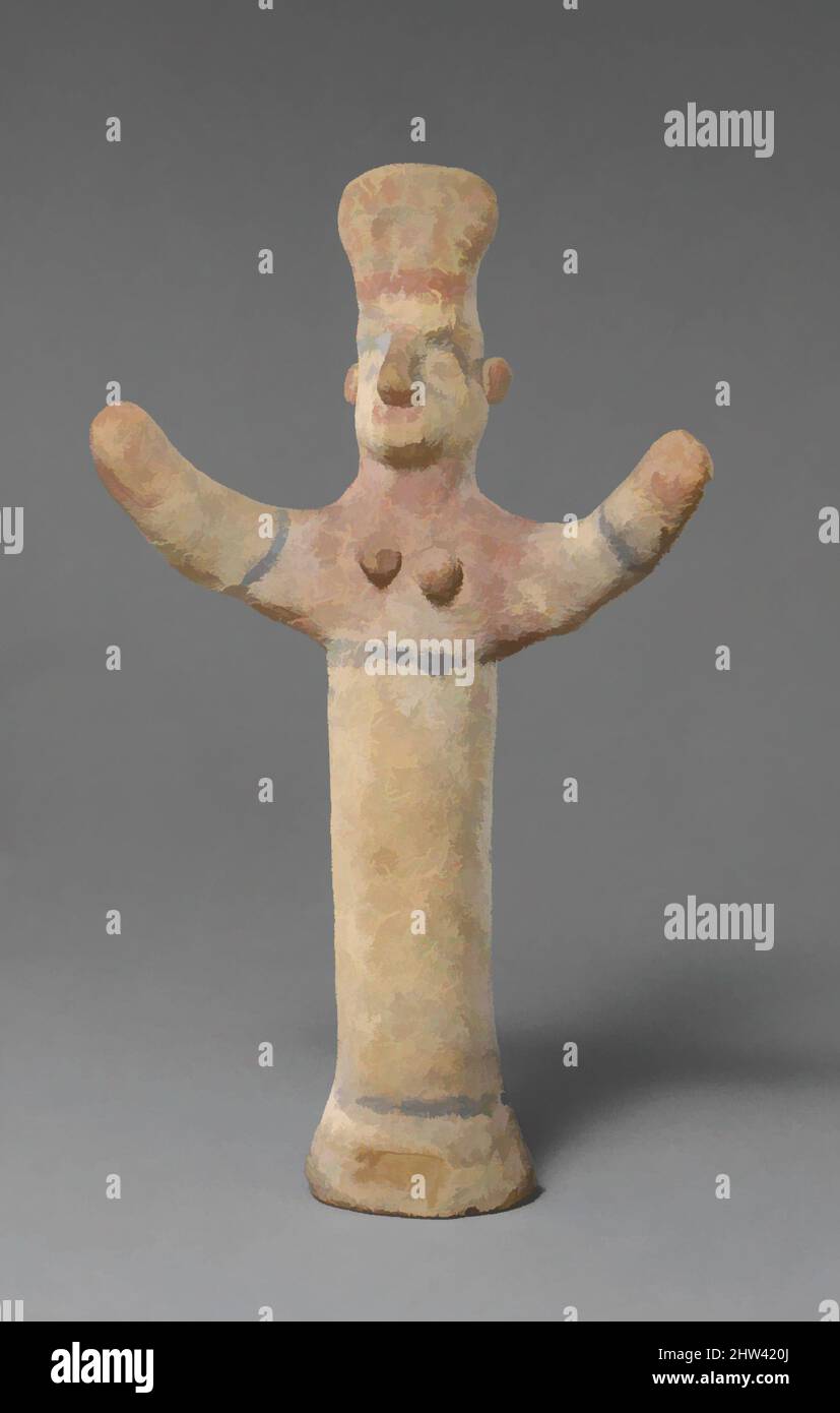Art inspired by Standing female figurine of the 'goddess with uplifted arms' type, Cypro-Archaic II, ca. 600–480 B.C., Cypriot, Terracotta; hand-made, H. 7 1/4 in. (18.4 cm), Terracottas, The cylindrical body is handmade and solid. The entire figure shows considerable remains of paint, Classic works modernized by Artotop with a splash of modernity. Shapes, color and value, eye-catching visual impact on art. Emotions through freedom of artworks in a contemporary way. A timeless message pursuing a wildly creative new direction. Artists turning to the digital medium and creating the Artotop NFT Stock Photo