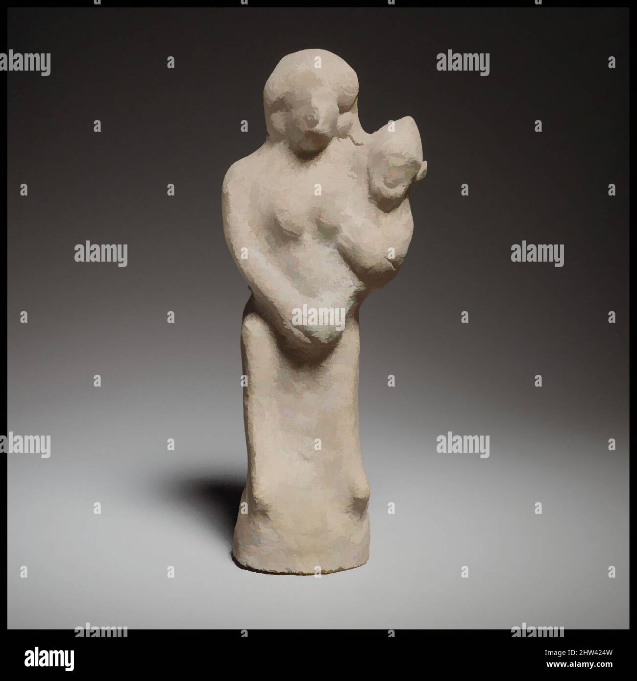 Art inspired by Seated female figurine holding a baby, Cypro-Archaic II, ca. 600–480 B.C., Cypriot, Terracotta; mold-made, H. 7 7/16 in. (18.9 cm), Terracottas, The figurine was made from a very worn mold; the infant's face is handmade. It is solid except for the concave base, Classic works modernized by Artotop with a splash of modernity. Shapes, color and value, eye-catching visual impact on art. Emotions through freedom of artworks in a contemporary way. A timeless message pursuing a wildly creative new direction. Artists turning to the digital medium and creating the Artotop NFT Stock Photo