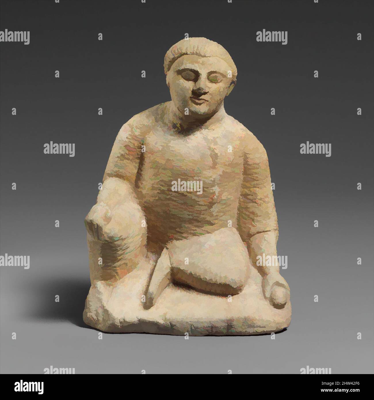 Art inspired by Limestone statuette of a temple boy, Classical, late 5th or early 4th century B.C., Cypriot, Limestone, Overall: 5 1/2 x 4 x 2 1/8 in. (14 x 10.2 x 5.4 cm), Cesnola Inscriptions, Crouching temple boy with dedication to Apollo, Classic works modernized by Artotop with a splash of modernity. Shapes, color and value, eye-catching visual impact on art. Emotions through freedom of artworks in a contemporary way. A timeless message pursuing a wildly creative new direction. Artists turning to the digital medium and creating the Artotop NFT Stock Photo