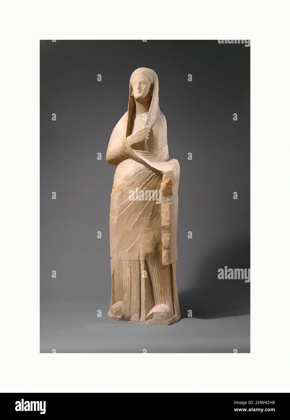 Art inspired by Limestone statue of a veiled female votary, Late Hellenistic or Republican, 1st century B.C., Cypriot, Limestone, Overall: 76 x 24 x 13 in. (193 x 61 x 33 cm), Stone Sculpture, Female votary wearing tunic and cloak, the latter drawn over her head, Classic works modernized by Artotop with a splash of modernity. Shapes, color and value, eye-catching visual impact on art. Emotions through freedom of artworks in a contemporary way. A timeless message pursuing a wildly creative new direction. Artists turning to the digital medium and creating the Artotop NFT Stock Photo