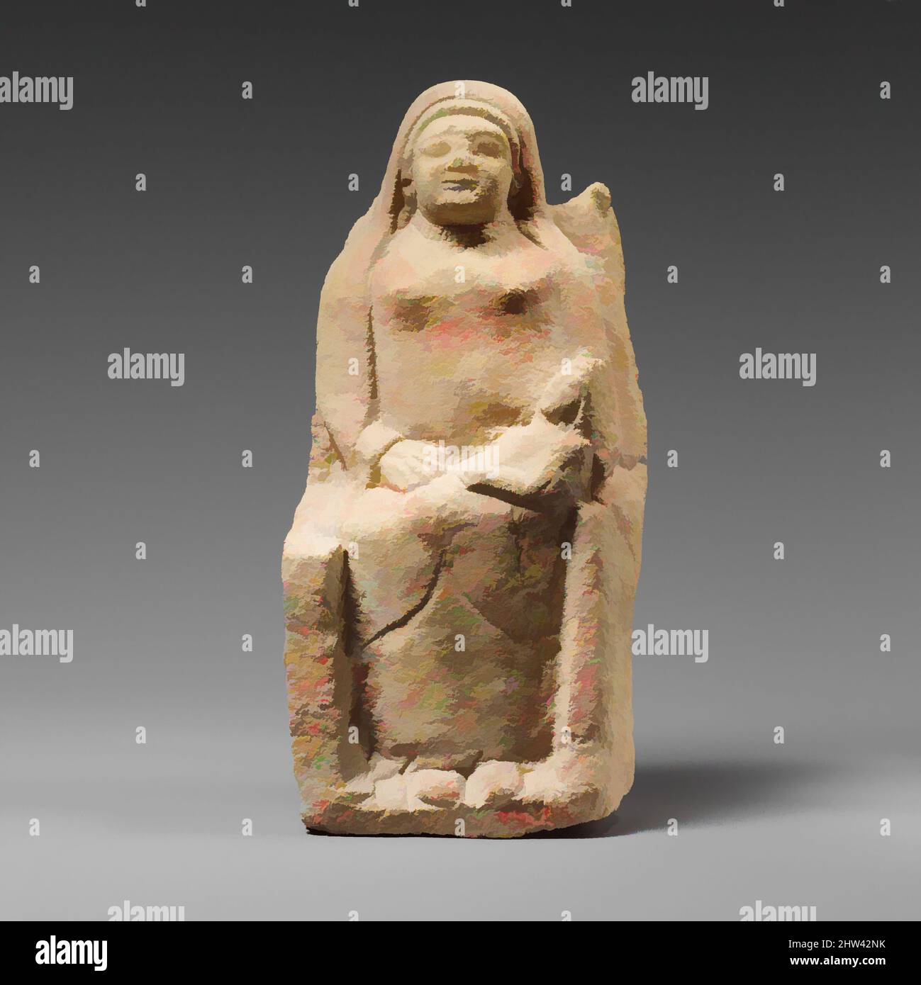 Art inspired by Seated limestone kourotrophos, Archaic, late 6th century B.C., Cypriot, Limestone, H.:7 1/4 x W.:3 1/4 xD.: 2 1/2 in. (18.4 x 8.3 x 6.3 cm), Stone Sculpture, Statue of 'nursing mother' with long veil seated on high-backed throne. The woman occupies a seat with a, Classic works modernized by Artotop with a splash of modernity. Shapes, color and value, eye-catching visual impact on art. Emotions through freedom of artworks in a contemporary way. A timeless message pursuing a wildly creative new direction. Artists turning to the digital medium and creating the Artotop NFT Stock Photo