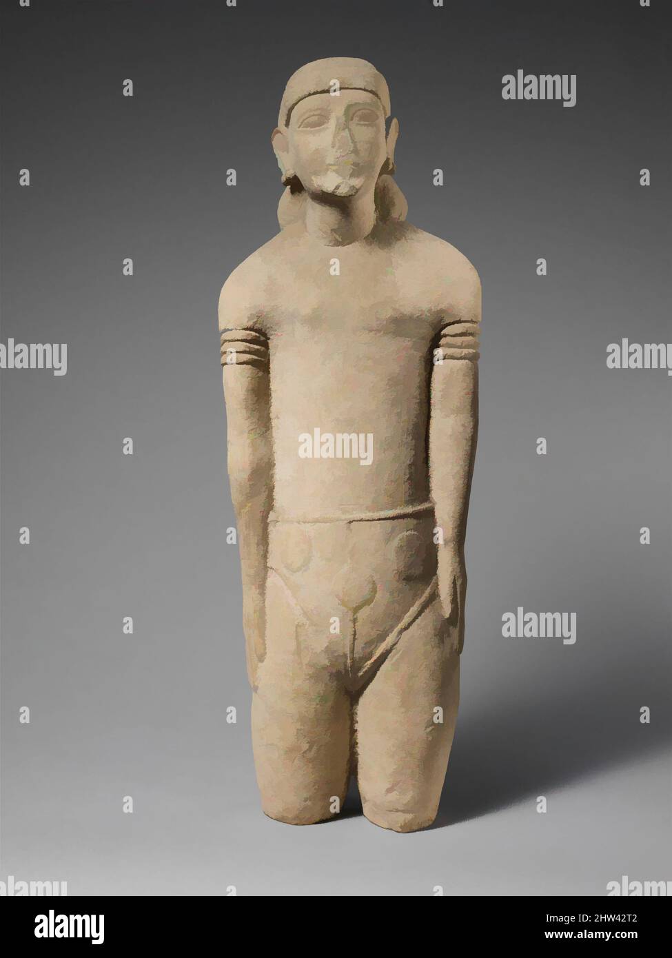 Art inspired by Limestone statuette of a male votary with Cypriot shorts and a diadem, Archaic, first half of the 6th century B.C., Cypriot, Limestone, Overall: 27 x 9 1/8 x 4 3/4 in. (68.6 x 23.2 x 12.1 cm), Stone Sculpture, The front part of the triangular shorts, divided by a, Classic works modernized by Artotop with a splash of modernity. Shapes, color and value, eye-catching visual impact on art. Emotions through freedom of artworks in a contemporary way. A timeless message pursuing a wildly creative new direction. Artists turning to the digital medium and creating the Artotop NFT Stock Photo