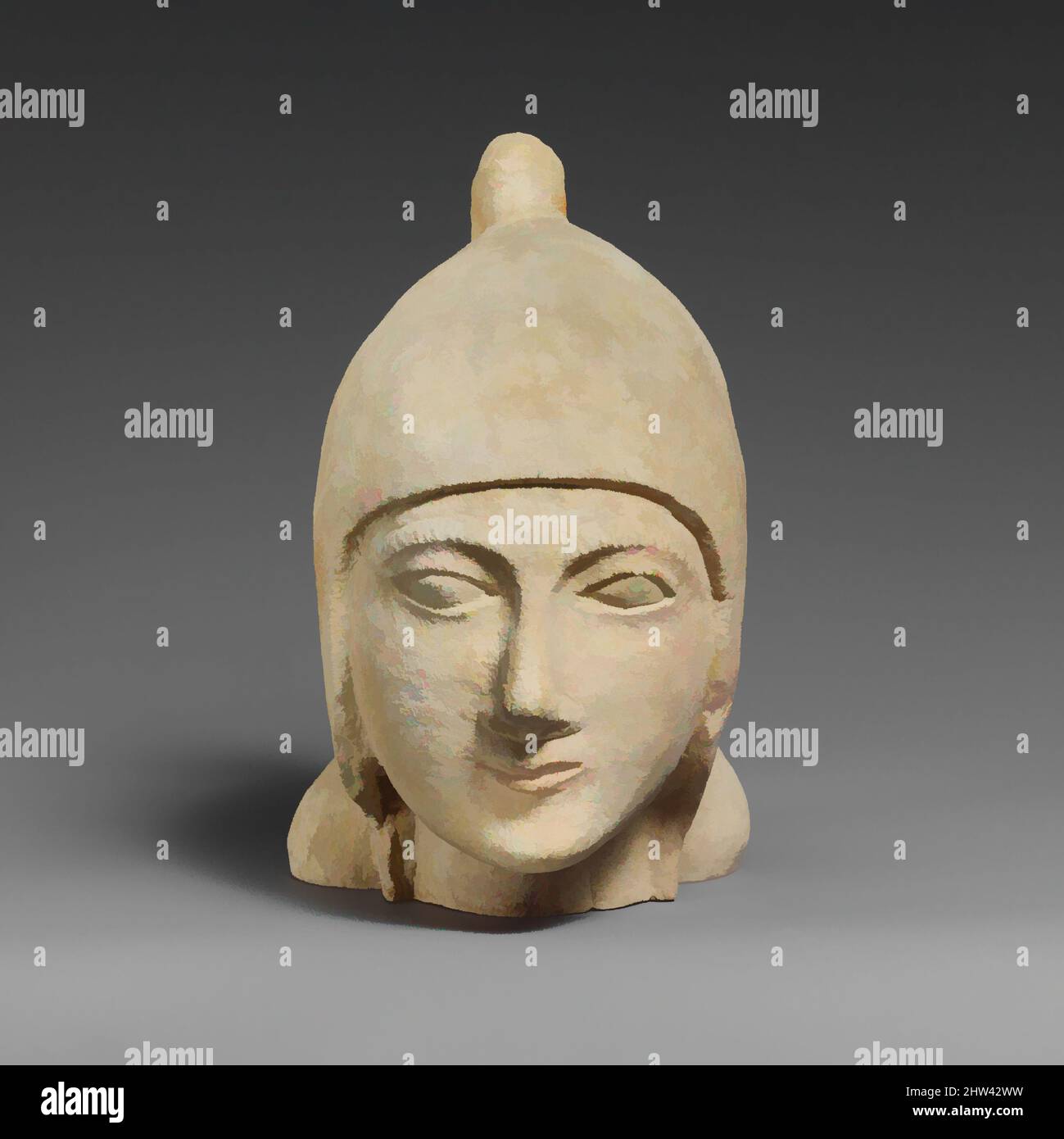 Art inspired by Limestone head of a beardless male wearing a conical helmet, Archaic, first half of the 6th century B.C., Cypriot, Limestone, Overall: 7 1/2 x 4 3/4 x 5 3/4 in. (19.1 x 12.1 x 14.6 cm), Stone Sculpture, The cheekpieces of the helmet cover the ears; the peak curves back, Classic works modernized by Artotop with a splash of modernity. Shapes, color and value, eye-catching visual impact on art. Emotions through freedom of artworks in a contemporary way. A timeless message pursuing a wildly creative new direction. Artists turning to the digital medium and creating the Artotop NFT Stock Photo