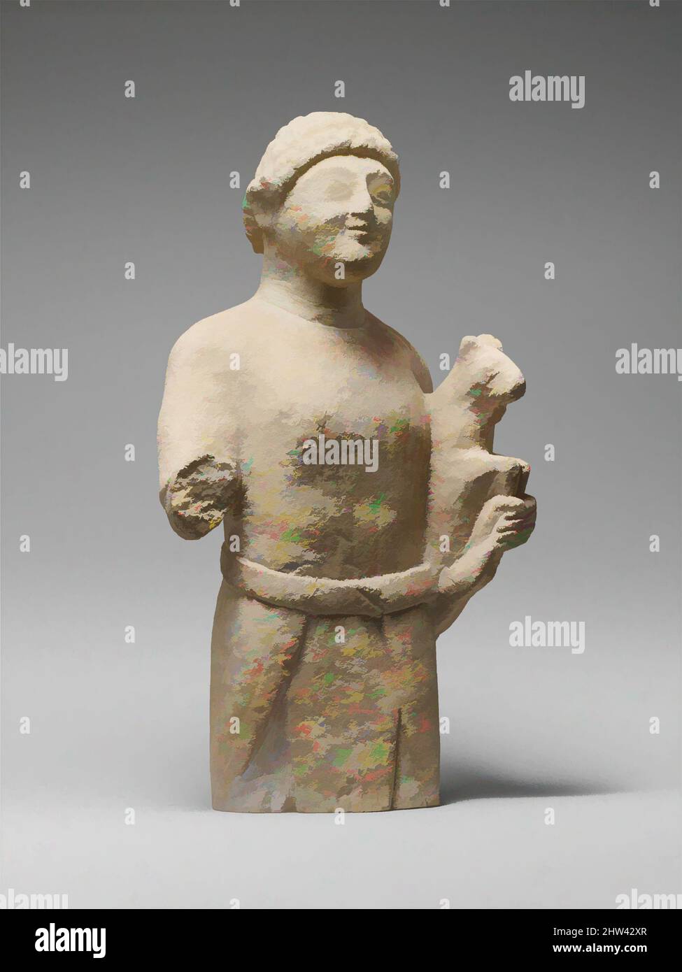 Art inspired by Limestone statuette of a male votary (worshipper), Archaic, mid-6th century B.C., Cypriot, Limestone, H.: 10 1/2 x 5 1/2 x 3 1/2 in. (26.7 x 14 x 8.9 cm), Stone Sculpture, The figure wears an Egyptian kilt and a tunic with half-length sleeves. He is holding a small goat, Classic works modernized by Artotop with a splash of modernity. Shapes, color and value, eye-catching visual impact on art. Emotions through freedom of artworks in a contemporary way. A timeless message pursuing a wildly creative new direction. Artists turning to the digital medium and creating the Artotop NFT Stock Photo