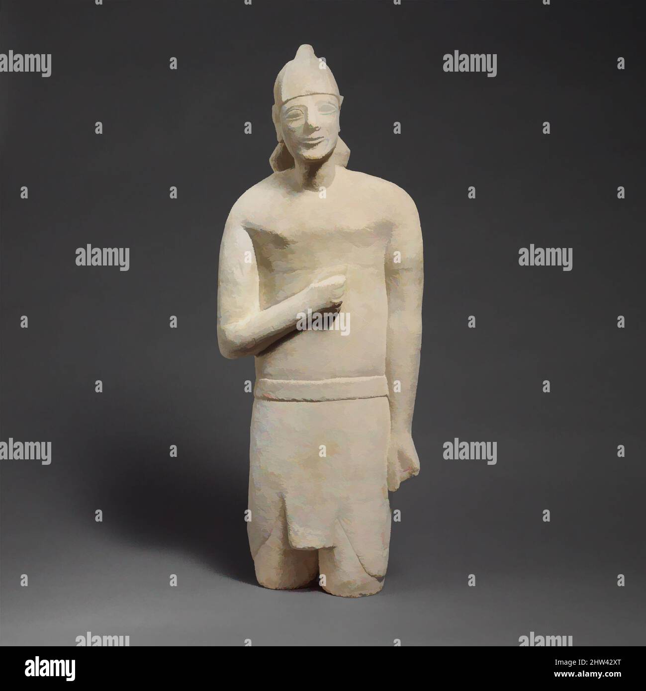 Art inspired by Limestone statuette of a beardless male votary in Egyptianizing dress wearing a helmet, Archaic, first half of the 6th century B.C., Cypriot, Limestone, H.: 26 3/4 x 9 3/4 x 4 3/4 in. (67.9 x 24.8 x 12.1 cm), Stone Sculpture, Male figure with Egyptian loin-cloth and, Classic works modernized by Artotop with a splash of modernity. Shapes, color and value, eye-catching visual impact on art. Emotions through freedom of artworks in a contemporary way. A timeless message pursuing a wildly creative new direction. Artists turning to the digital medium and creating the Artotop NFT Stock Photo