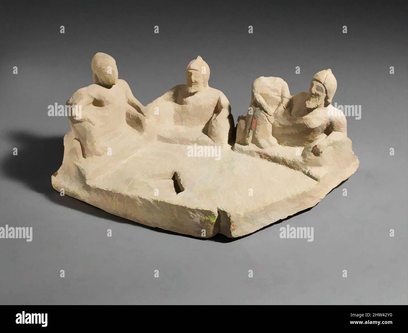 Art inspired by Limestone group: banquet, Archaic, end of the 6th century B.C., Cypriot, Limestone, H.: 6 7/8 x 17 1/2 x 11 1/4 in. (17.5 x 44.5 x 28.6 cm), Stone Sculpture, Five figures are disposed around the edge of an irregular plinth. They face inward; a cutting may have held an, Classic works modernized by Artotop with a splash of modernity. Shapes, color and value, eye-catching visual impact on art. Emotions through freedom of artworks in a contemporary way. A timeless message pursuing a wildly creative new direction. Artists turning to the digital medium and creating the Artotop NFT Stock Photo