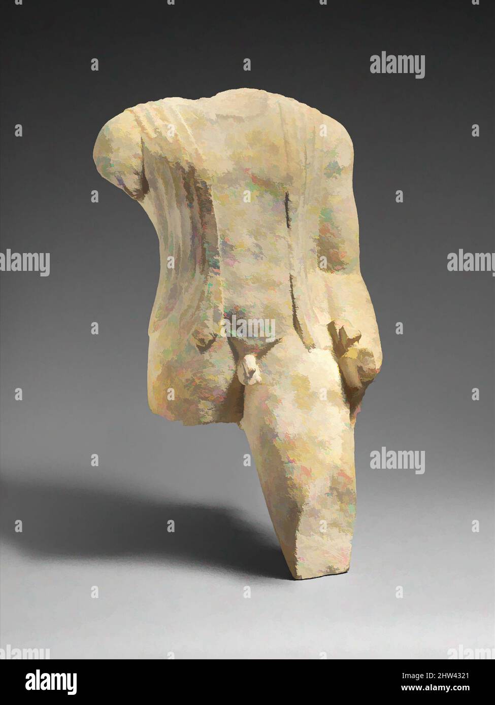 Art inspired by Limestone figure of a draped man, Cypro-Archaic II, late 6th century B.C., Cypriot, Limestone, Overall: 15 1/2 x 9 x 7 1/4 in. (39.4 x 22.9 x 18.4 cm), Stone Sculpture, The figure carries a sword, bow, quiver, and a flask or bag, Classic works modernized by Artotop with a splash of modernity. Shapes, color and value, eye-catching visual impact on art. Emotions through freedom of artworks in a contemporary way. A timeless message pursuing a wildly creative new direction. Artists turning to the digital medium and creating the Artotop NFT Stock Photo