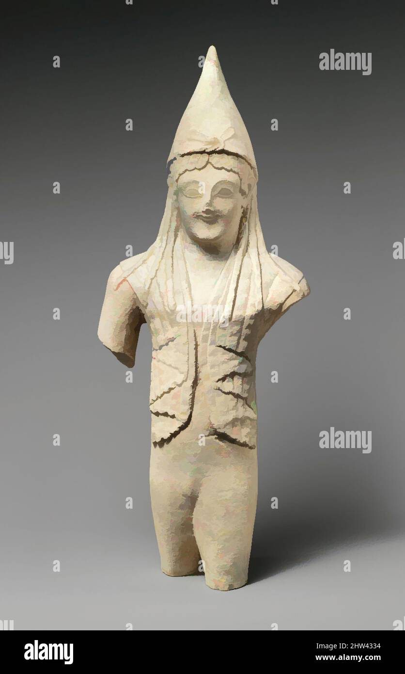 Art inspired by Limestone statuette of a youthful votary wearing a pointed cap, Cypro-Archaic II, Late 6th century B.C., Cypriot, Limestone, Overall: 18 x 4 x 6 7/8 in. (45.7 x 10.2 x 17.5 cm), Stone Sculpture, Male figure with long hair, high peaked cap and shawl-like over garment, Classic works modernized by Artotop with a splash of modernity. Shapes, color and value, eye-catching visual impact on art. Emotions through freedom of artworks in a contemporary way. A timeless message pursuing a wildly creative new direction. Artists turning to the digital medium and creating the Artotop NFT Stock Photo