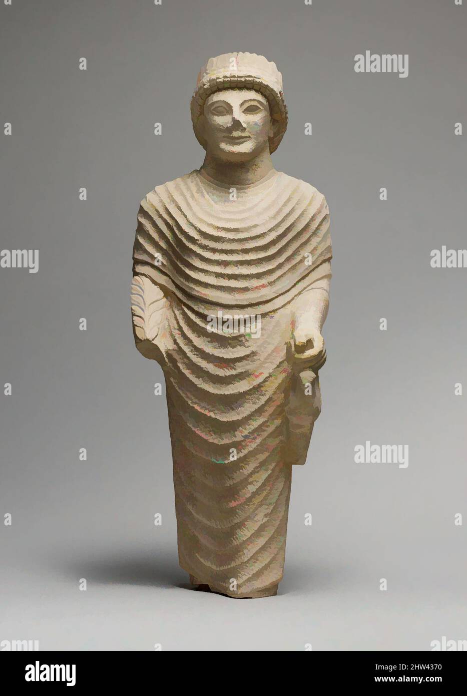 Art inspired by Limestone statue of a male votary holding a bird in the left hand, Late Cypro-Archaic–Early Cypro-Classical, ca 500–450 B.C., Cypriot, Limestone, Overall: 25 x 9 1/2 x 6 3/4 in. (63.5 x 24.1 x 17.1 cm), Stone Sculpture, The feet and the right hand are missing. The left, Classic works modernized by Artotop with a splash of modernity. Shapes, color and value, eye-catching visual impact on art. Emotions through freedom of artworks in a contemporary way. A timeless message pursuing a wildly creative new direction. Artists turning to the digital medium and creating the Artotop NFT Stock Photo