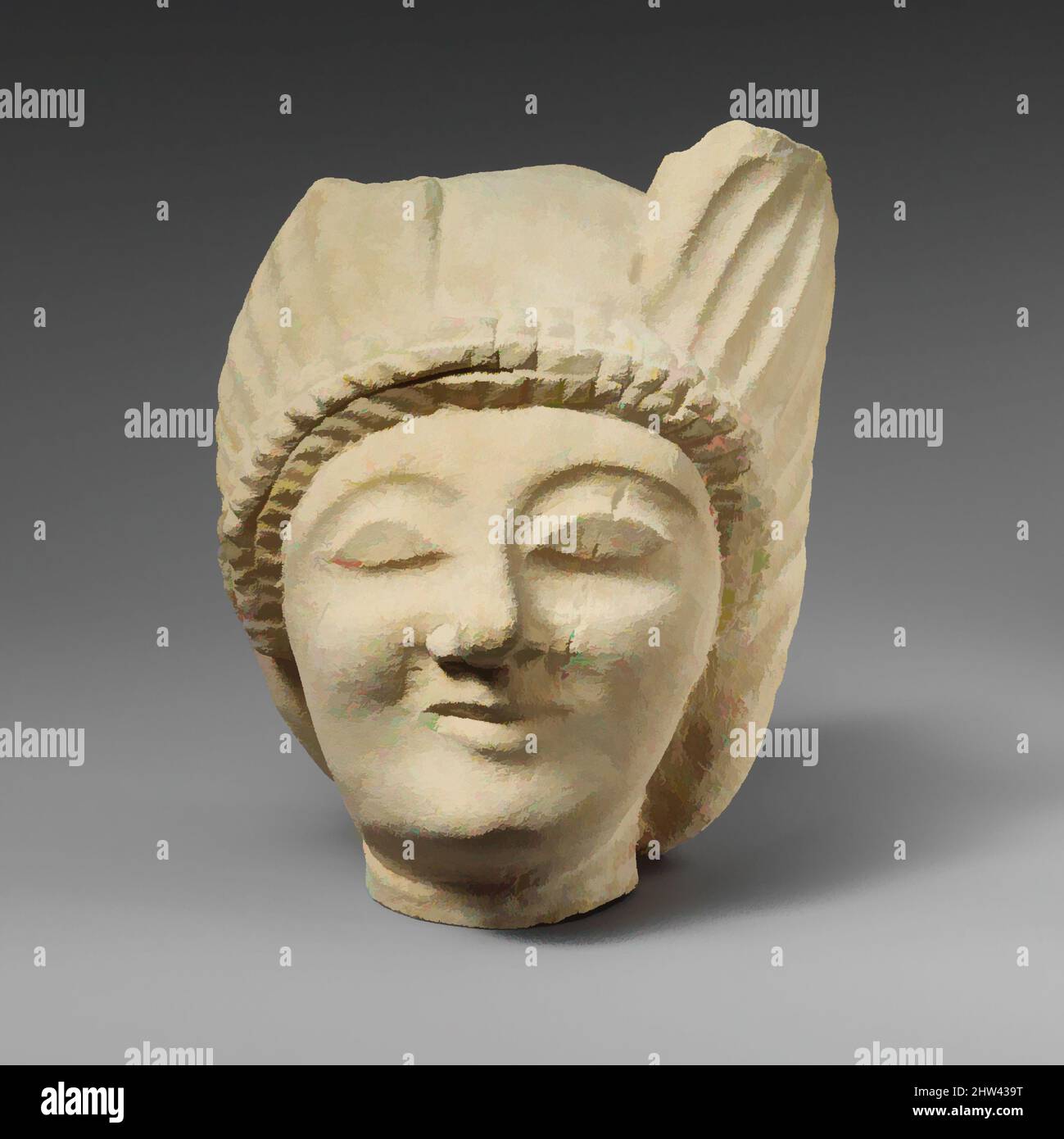Art inspired by Limestone head of the god Hermes (?), Archaic, early 5th century B.C., Cypriot, Limestone, Overall: 5 7/8 x 4 3/16 x 5 3/4 in. (14.9 x 10.6 x 14.6 cm), Stone Sculpture, The smiling, youthful face has a pointed nose and flat eyeballs with no eyelids indicated, Classic works modernized by Artotop with a splash of modernity. Shapes, color and value, eye-catching visual impact on art. Emotions through freedom of artworks in a contemporary way. A timeless message pursuing a wildly creative new direction. Artists turning to the digital medium and creating the Artotop NFT Stock Photo