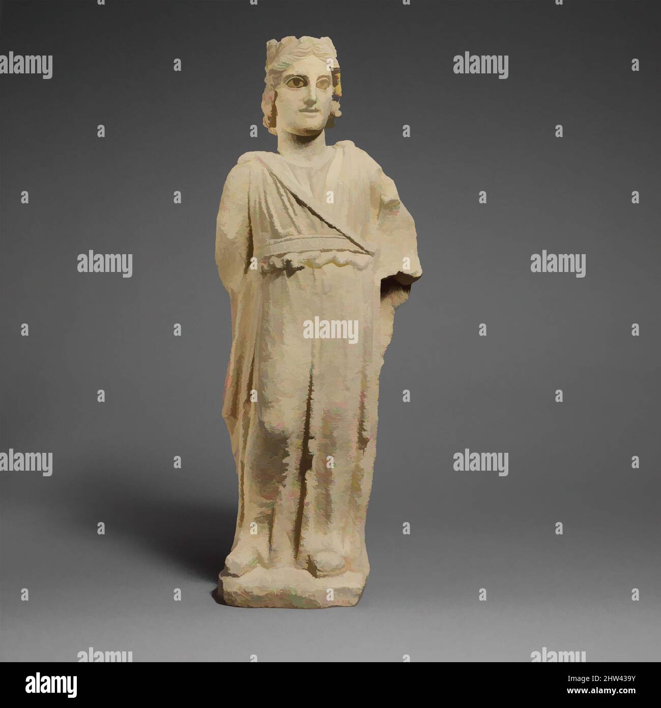 Art inspired by Limestone statue of Apollo, Hellenistic, ca. 3rd–1st century B.C., Cypriot, Limestone, Overall: 21 x 8 in. (53.3 x 20.3 cm), Stone Sculpture, The figure can be identified as the god Apollo. His hairstyle, with a knot above the forehead, is that of Apollo Lykeios, and he, Classic works modernized by Artotop with a splash of modernity. Shapes, color and value, eye-catching visual impact on art. Emotions through freedom of artworks in a contemporary way. A timeless message pursuing a wildly creative new direction. Artists turning to the digital medium and creating the Artotop NFT Stock Photo