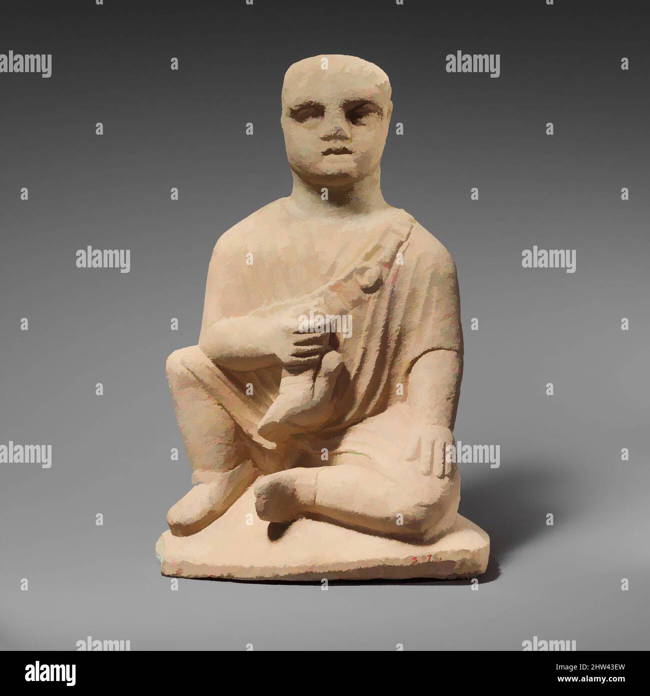 Art inspired by Limestone statuette of a temple boy, Hellenistic, 4th–3rd century B.C., Cypriot, Limestone, Overall: 12 3/4 x 8 3/4 x 6 1/8 in. (32.4 x 22.2 x 15.6 cm), Stone Sculpture, Figure with chain of pendants over left shoulder, holding a dove, Classic works modernized by Artotop with a splash of modernity. Shapes, color and value, eye-catching visual impact on art. Emotions through freedom of artworks in a contemporary way. A timeless message pursuing a wildly creative new direction. Artists turning to the digital medium and creating the Artotop NFT Stock Photo